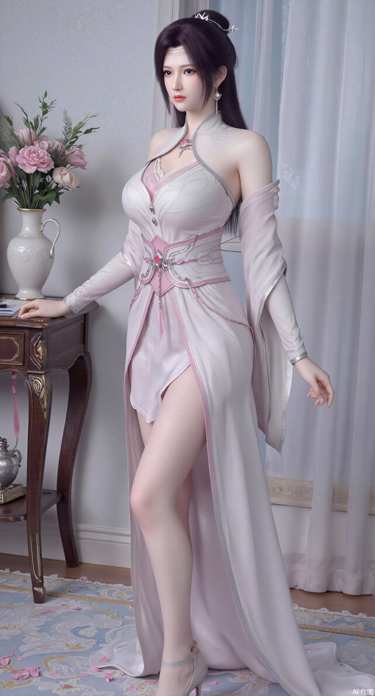  SFW,(masterpiece:1.2),best quality,Ultra clear, wallpaper, 8k, masterpiece, 1girl, solo, long hair, breasts, looking at viewer, bangs, large breasts,long dress,, bare shoulders, jewelry, black hair, standing, purple eyes, full body, flower, thighs, indoors, hair bun, long dress, high heels, cup, see-through, book, bare legs, window, table, white footwear, standing on one leg, curtains, pink flower, side slit, vase, ,Xanmiaoyi,Xyunwangshu,XlishaoyinY,Xbaixue,XanmiaoyiY,Xxiuqiuhua,XbaiyuerongY,XyunyunX,XqingnvzongZM,Xjuzi,Xshangguanweier,XanmiaoyiXY,XyunyunXY