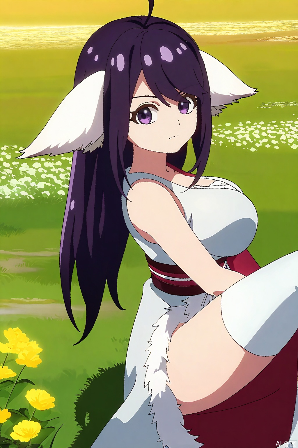 1girl, solo, long hair, breasts, large breasts, animal ears, purple eyes, purple hair, japanese clothes, kimono, sash, Fox ears,masterpiece,best quality,official art,extremely detailed CG unity 8k wallpaper,,Thigh exposed,thighhighs,looking at viewer,in a meadow,