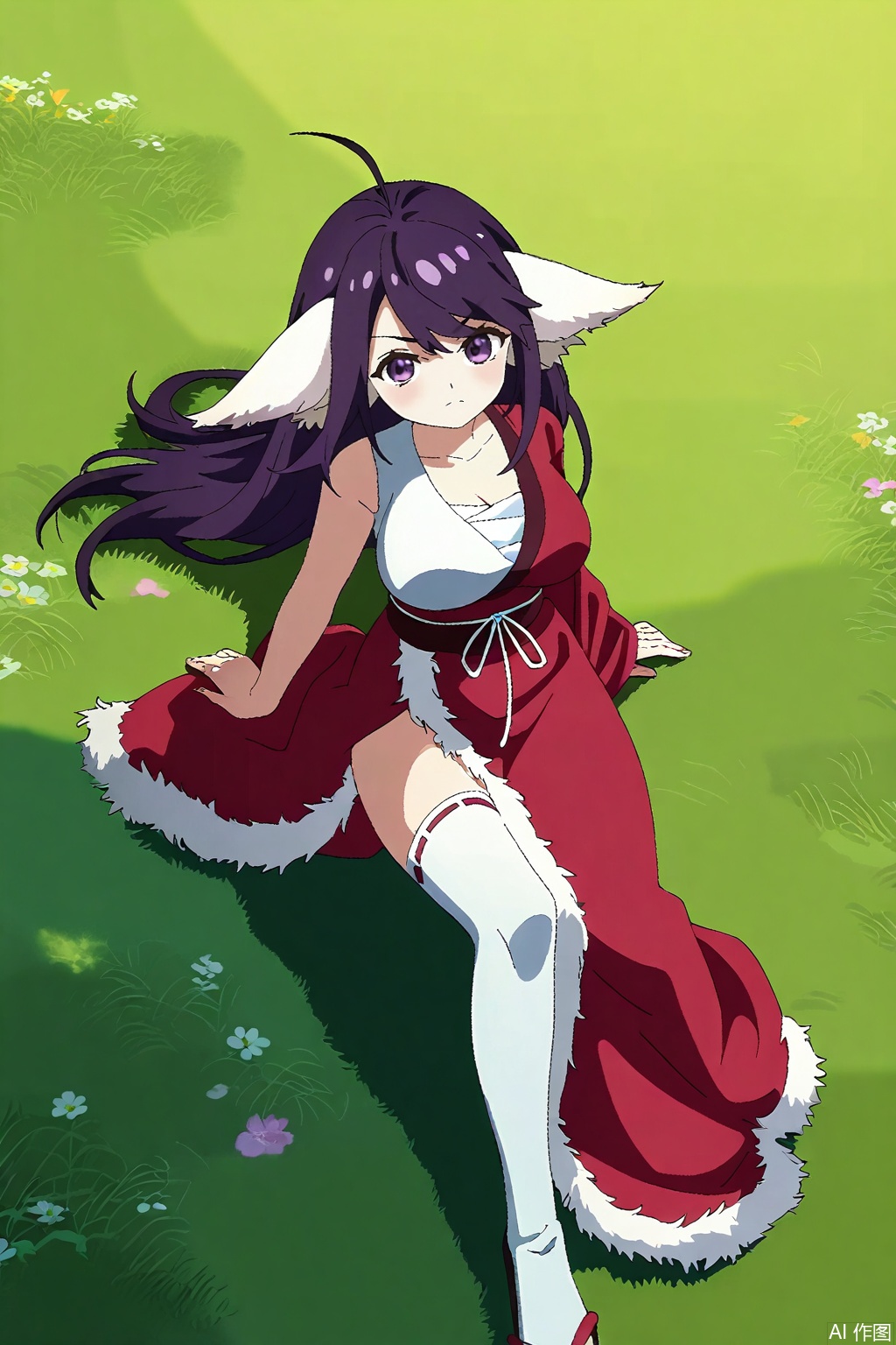 1girl, solo, long hair, breasts, large breasts, animal ears, purple eyes, purple hair, japanese clothes, kimono, sash, Fox ears,masterpiece,best quality,official art,extremely detailed CG unity 8k wallpaper,,Thigh exposed,thighhighs,looking at viewer,in a meadow,