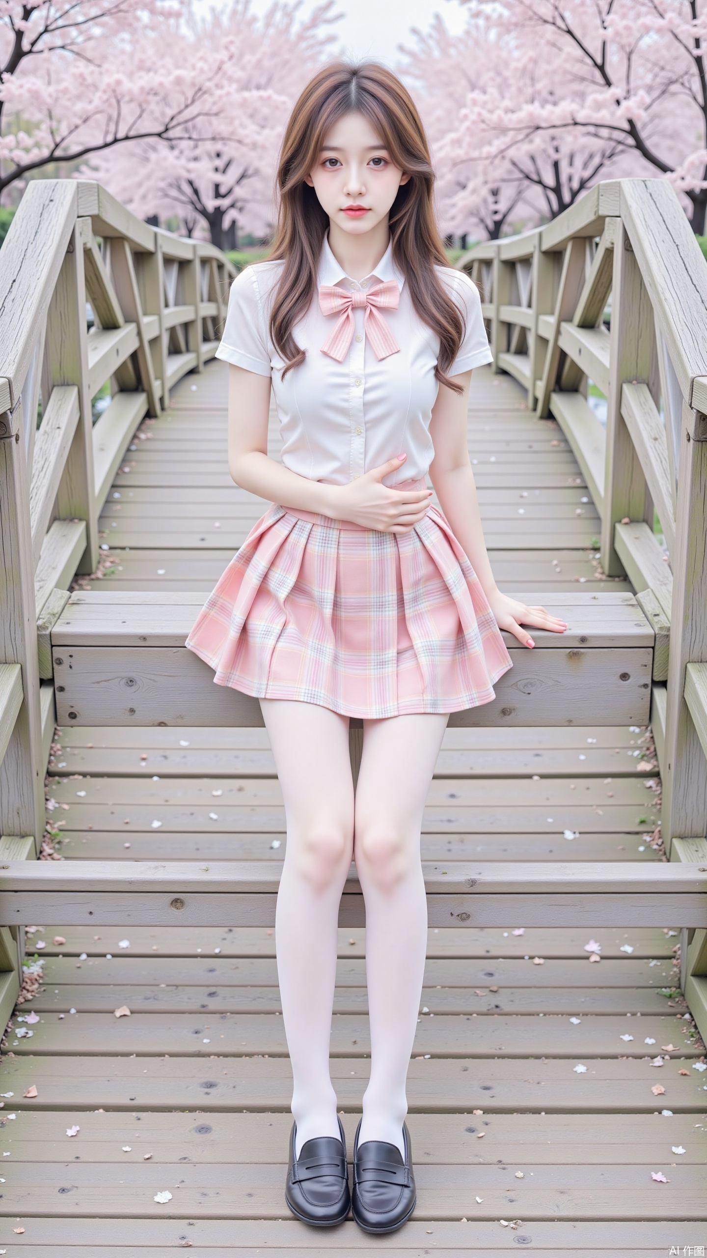 1girl,solo,long hair,sitting,crossed legs,school uniform,Collared white shirt(short sleeves),bowtie,thighhighs,pleated skirt（pink and white tartan),soft breasts,large natural breast,black loafers,short sleeves,outdoors.river,wooden bridge,shoes, day, tree,cherry blossoms