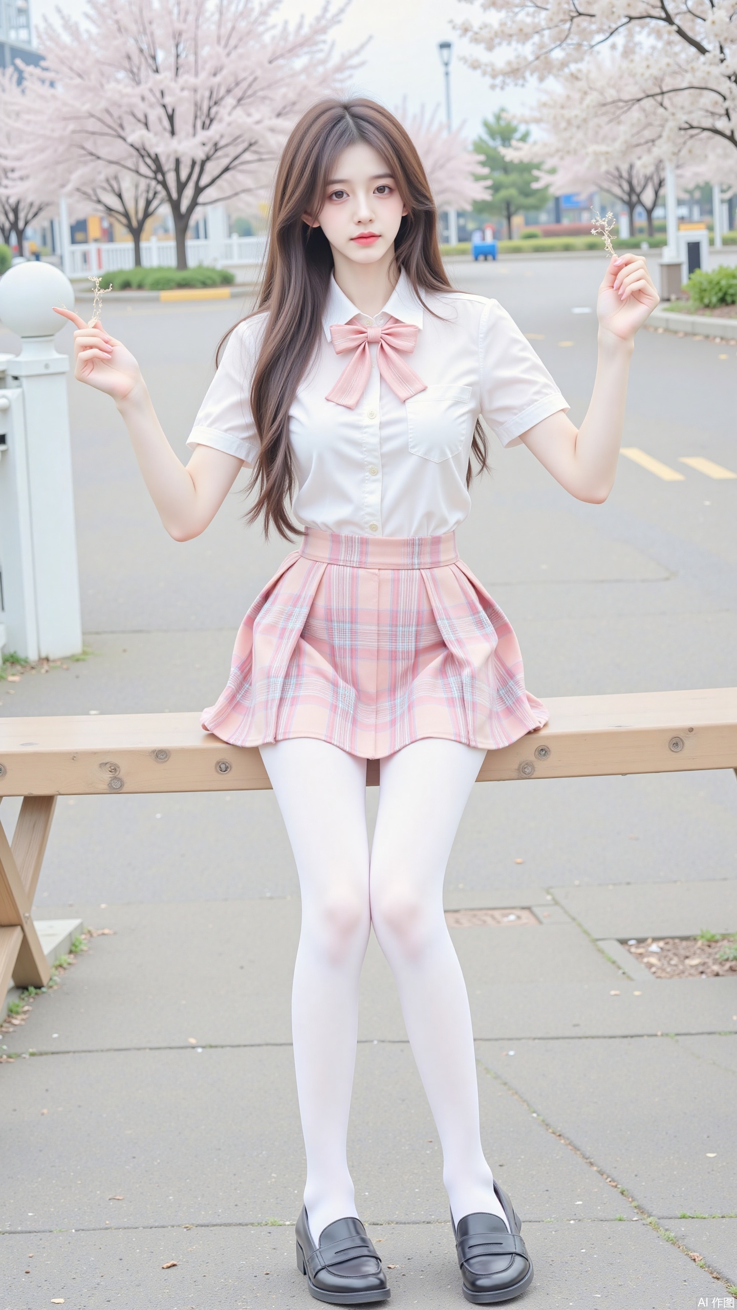 1girl,solo,long hair,school uniform,Collared white shirt(short sleeves),bowtie,white pantyhose,pleated skirt（pink and white tartan),soft breasts,large natural breast,black loafers,short sleeves,amusement park,playing slide