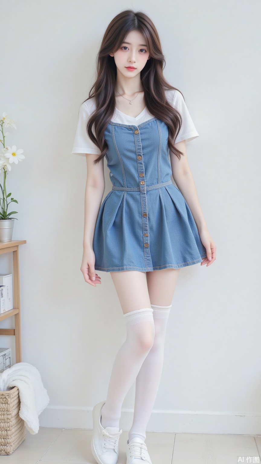 1girl, solo, long hair, looking at viewer,Denim dress​​,white Thigh-high socks​​,white Sneakers,standing