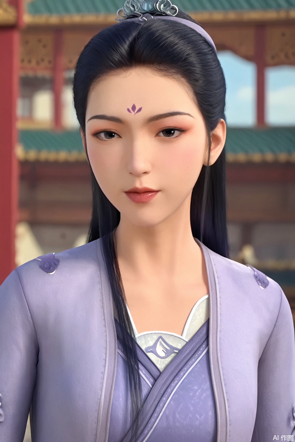 score_9_up,1girl, solo, long hair, looking at viewer, black hair, hair ornament, upper body, hair bun, lips, chinese clothes, single hair bun, forehead mark, realistic,MBY