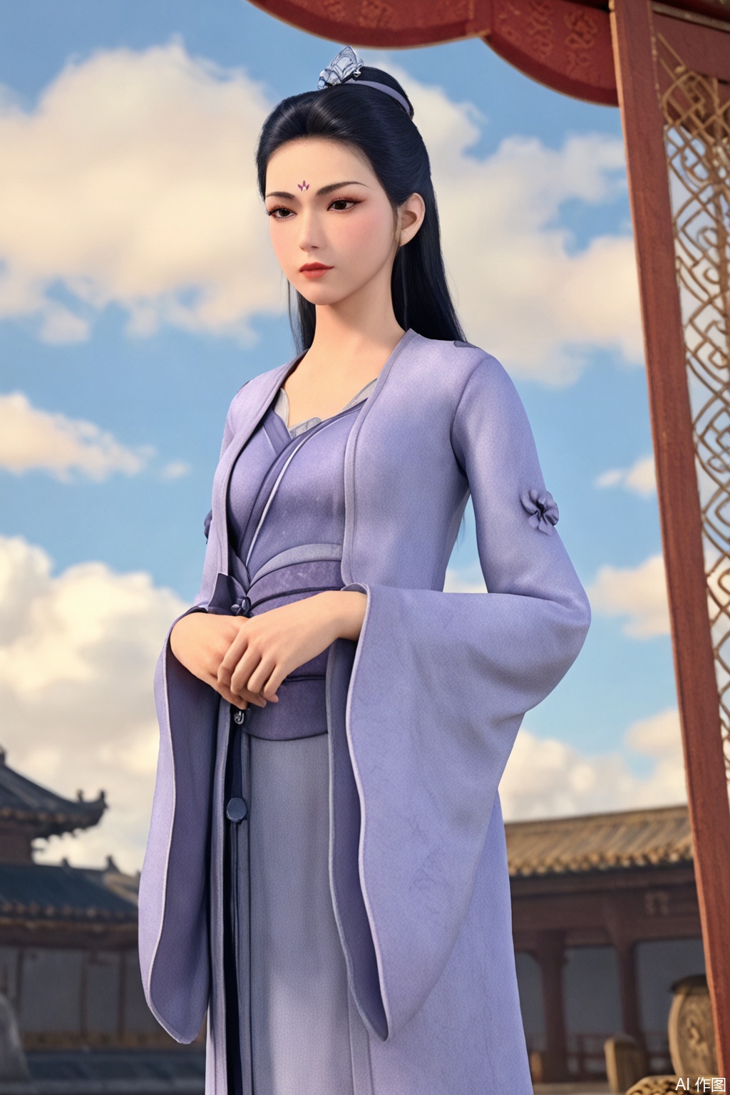 score_9_up,1girl, solo, long hair, black hair, long sleeves, standing, sky, day, cloud, wide sleeves, hair bun, chinese clothes, robe, forehead mark,MBY