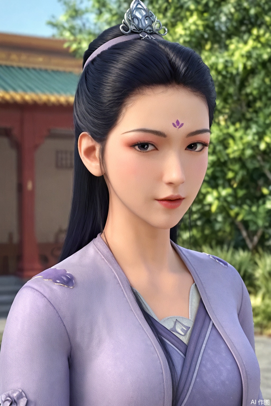 score_9_up,1girl, solo, long hair, looking at viewer, black hair, hair ornament, upper body, hair bun, lips, chinese clothes, single hair bun, forehead mark, realistic,MBY
