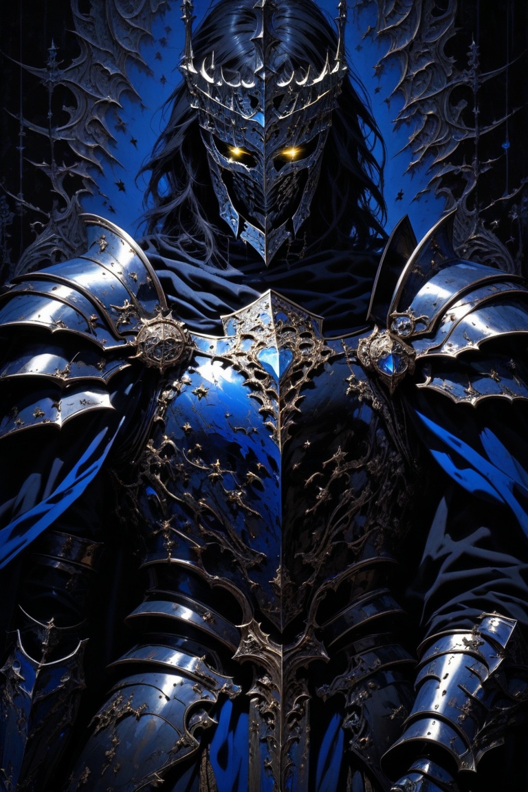 A sorrowful ebony-clad knight,  his head bowed in reverence,  clutches a shimmering sword aglow in ethereal azure light. T...