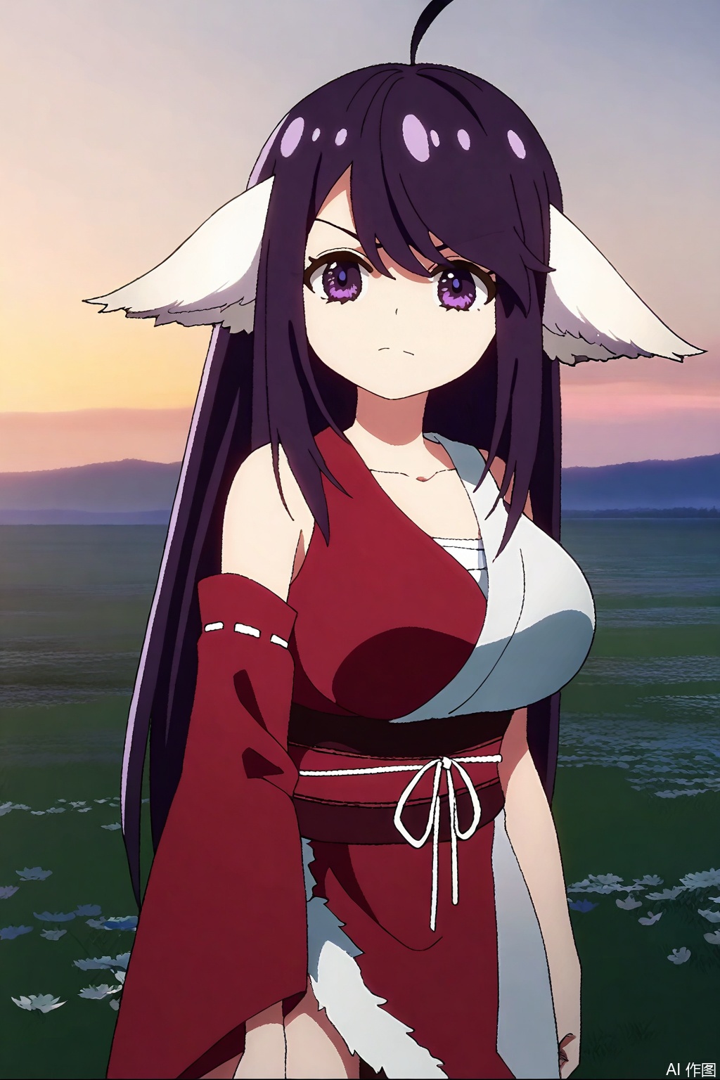 1girl, solo, long hair, breasts, large breasts, animal ears, purple eyes, purple hair, japanese clothes, kimono, sash, Fox ears,masterpiece,best quality,official art,extremely detailed CG unity 8k wallpaper,,Thigh exposed,thighhighs,looking at viewer,in a meadow,