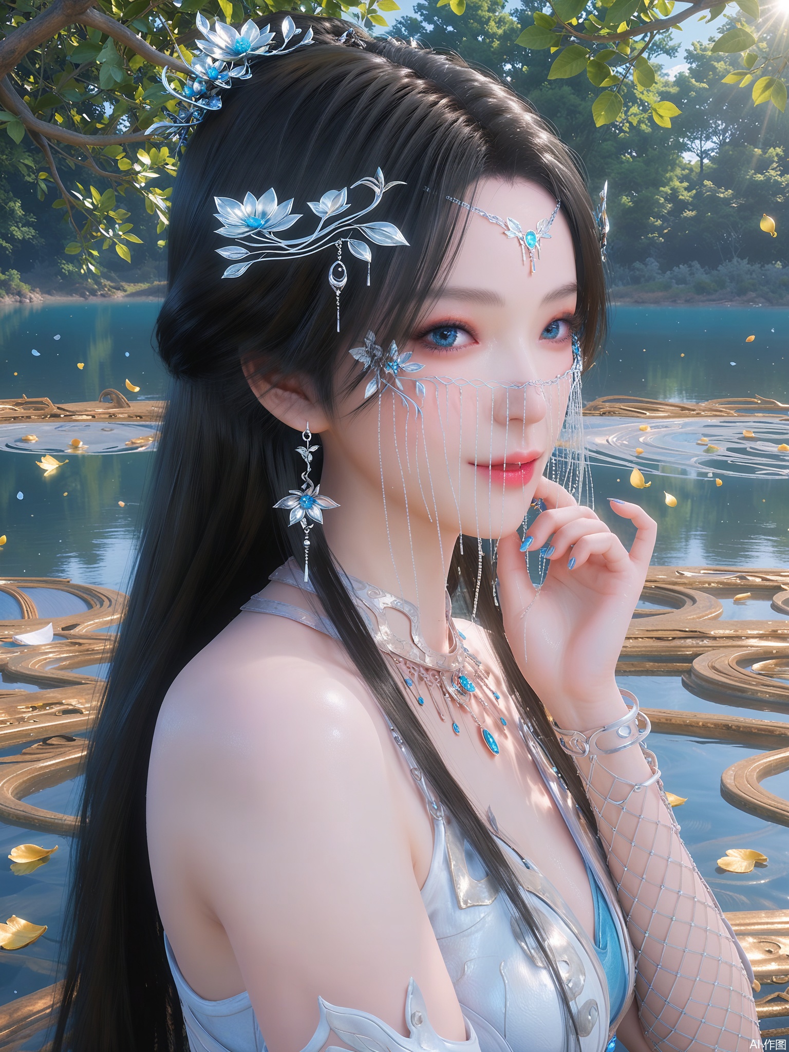 score_9,score_8_up,score_7_up,1girl,looking_at_viewer,realistic,1girl,Vivid Colors,bright environment,bright sunshine,backlighting,light,lake,delicate water surface,shiny skin,shiny hair,reflection,(wariza:1.2),jewelry,flower sea,falling petals,extreme detail description,bright sunlight,frontal lighting,(upper body:1),black hair,put one hand on your side,long_hair,Fishnet stockings,bright