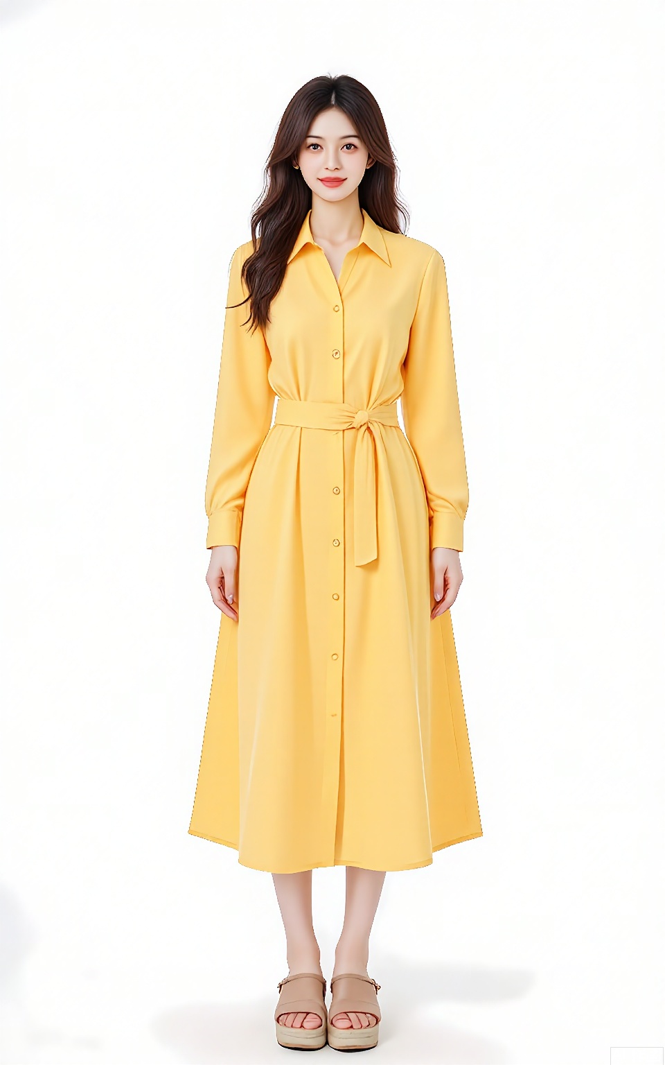 SDMT, Full-length image of a woman with caramel-highlighted waves, wearing a sunflower-yellow linen midi dress with a belted waist and espadrille wedges. She stands smiling on a white seamless, with golden-hour-inspired diffused lighting.