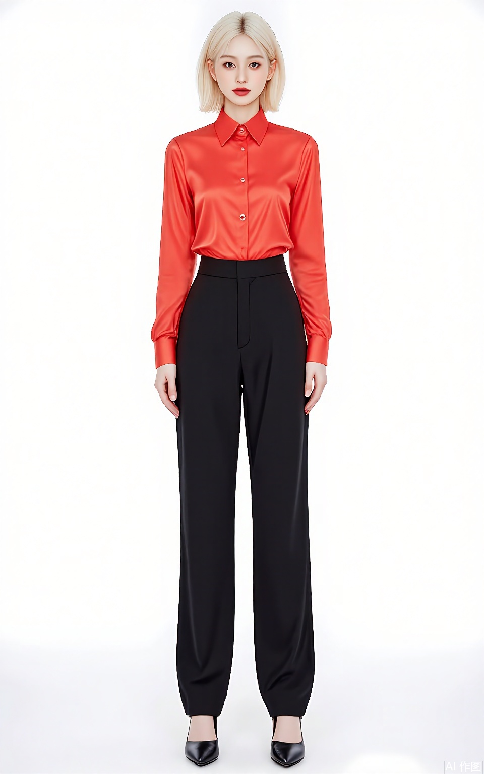 SDMT, Full-body shot of a woman with platinum-blonde hair in a bob, wearing a scarlet-red satin blouse tucked into high-waisted black tailored pants, paired with pointed-toe pumps. She stands confidently against a white background, with sharp studio lighting.