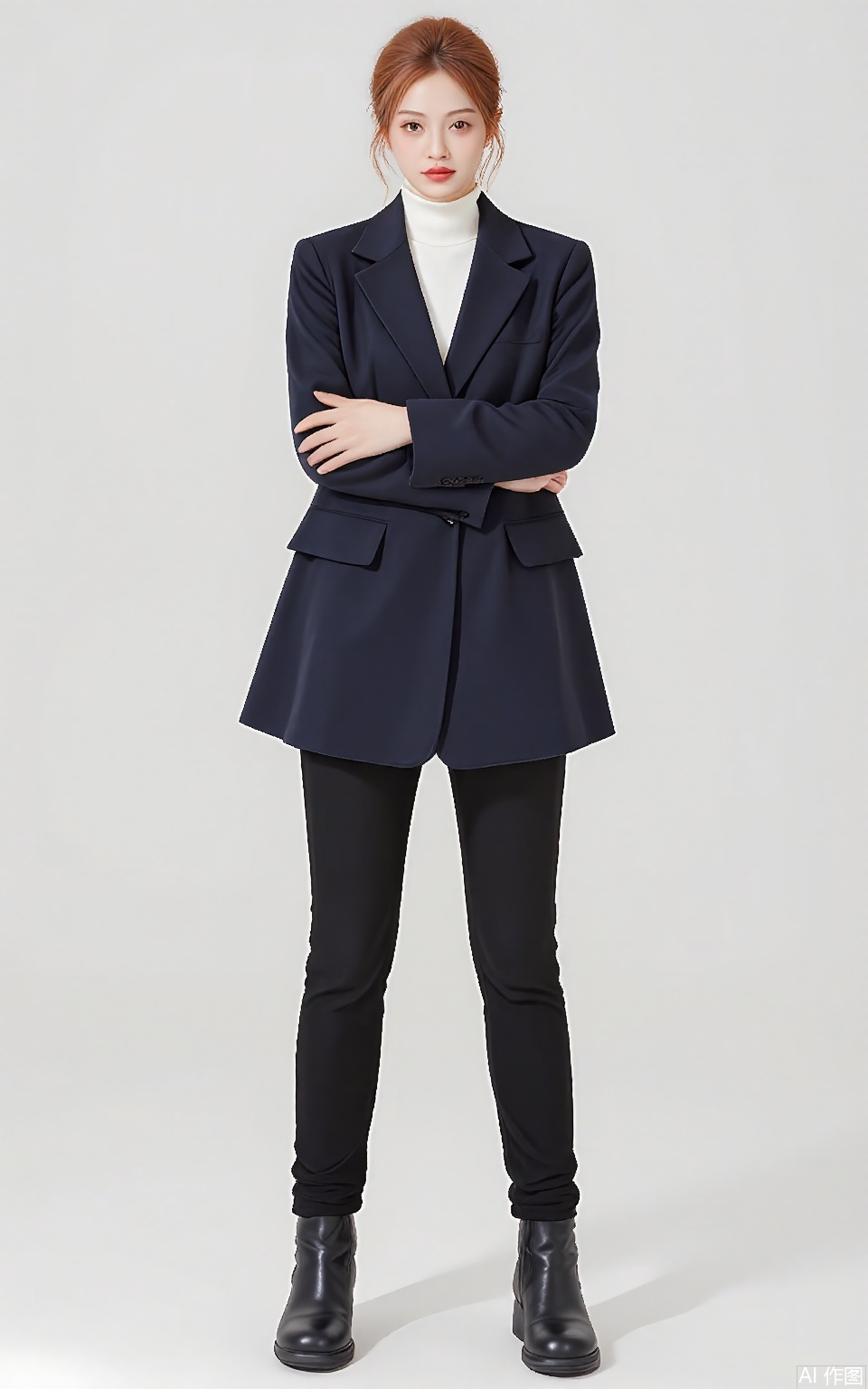 SDMT, Full-body shot of a woman with chestnut hair in a low bun, wearing a navy-blue trench coat over a white turtleneck and black skinny jeans, paired with ankle boots. She stands with arms crossed on a white backdrop, with diffused studio lighting.