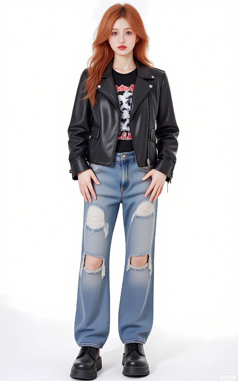 SDMT, Full-length image of a woman with fiery red curls, wearing a leather moto jacket over a graphic band tee and distressed jeans, paired with combat boots. She stands with hands on hips on a white seamless, with dramatic chiaroscuro lighting.