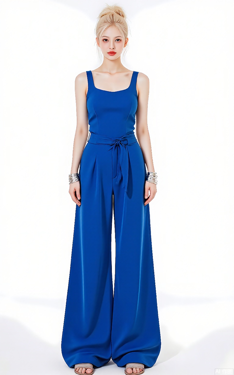 SDMT, Three-quarter view of a woman with platinum-blonde hair in a messy bun, dressed in a cobalt-blue jumpsuit with a cinched waist and wide legs, accessorized with silver cuff bracelets. She leans against a white wall, with stark studio lighting creating bold contrasts.