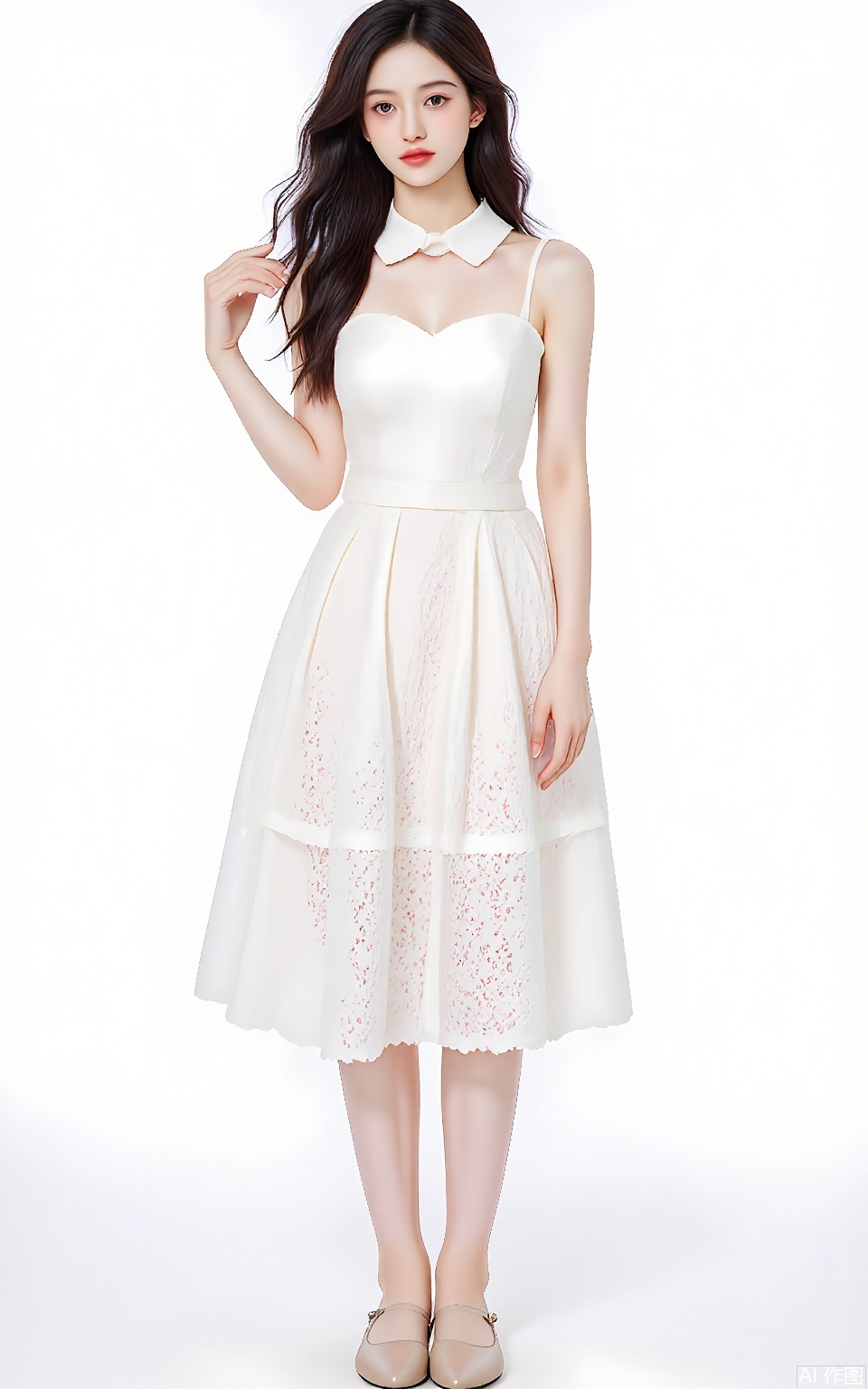 SDMT, Head-to-toe portrait of a woman with jet-black hair in loose curls, wearing a ivory eyelet lace midi dress with a Peter Pan collar and ballet flats. She stands demurely on a white seamless, with soft diffused lighting.