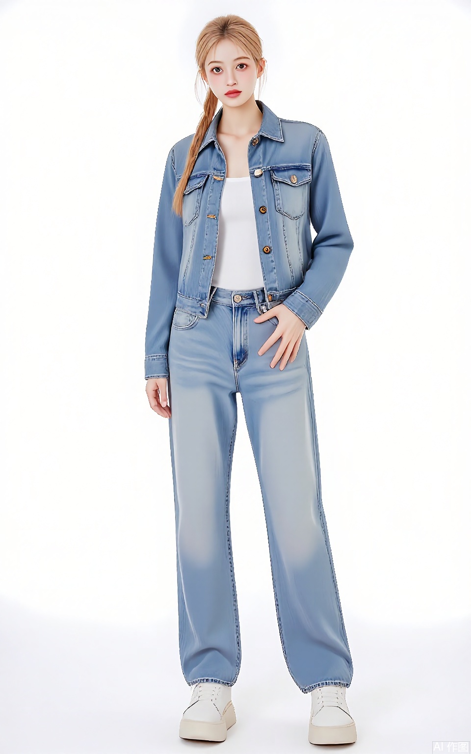 SDMT, Full-length image of a woman with honey-blonde hair in a side braid, wearing a cobalt-blue denim jacket over a white tee and light-wash jeans, paired with white sneakers. She stands with hands in pockets on a white backdrop, with casual studio lighting.