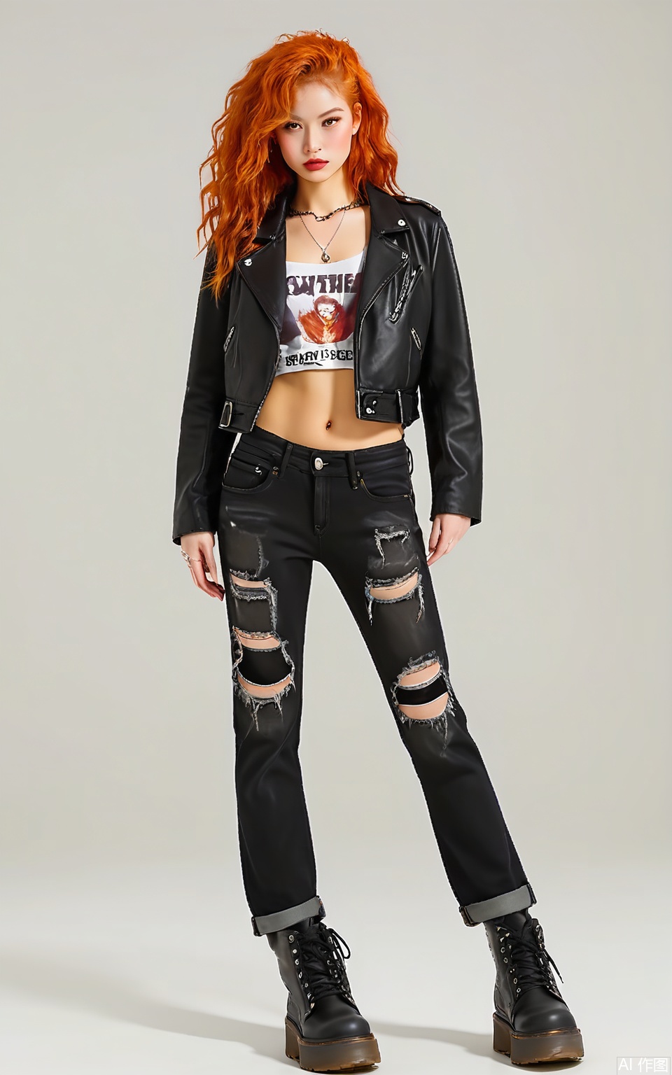 SDMT, Full-length image of a woman with fiery red curls, wearing a leather moto jacket over a graphic band tee and distressed jeans, paired with combat boots. She stands with hands on hips on a white seamless, with dramatic chiaroscuro lighting.