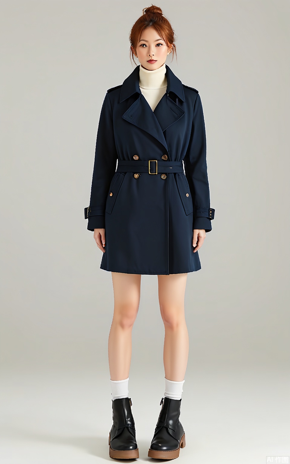 SDMT, Full-body shot of a woman with chestnut hair in a low bun, wearing a navy-blue trench coat over a white turtleneck and black skinny jeans, paired with ankle boots. She stands with arms crossed on a white backdrop, with diffused studio lighting.
