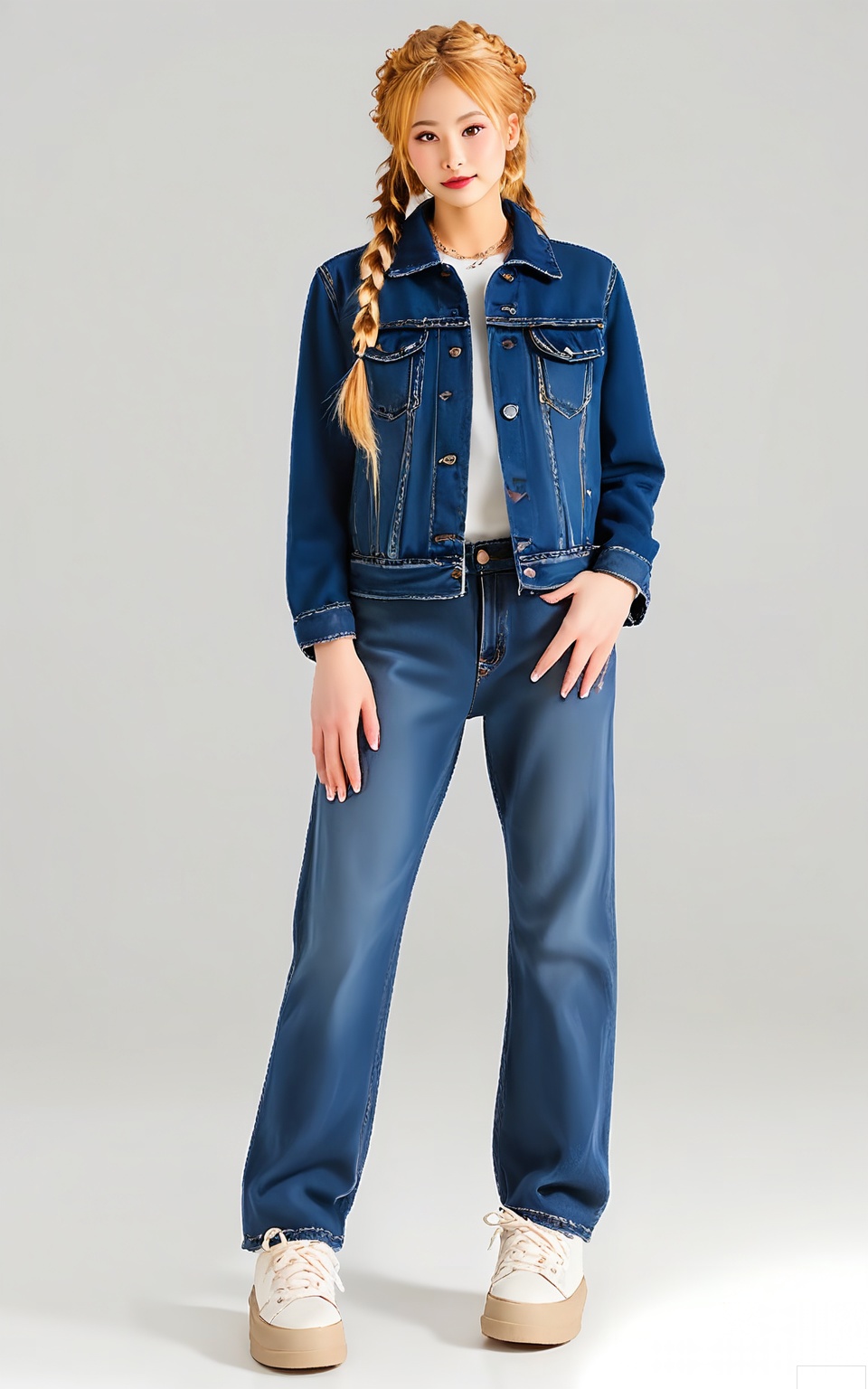 SDMT, Full-length image of a woman with honey-blonde hair in a side braid, wearing a cobalt-blue denim jacket over a white tee and light-wash jeans, paired with white sneakers. She stands with hands in pockets on a white backdrop, with casual studio lighting.