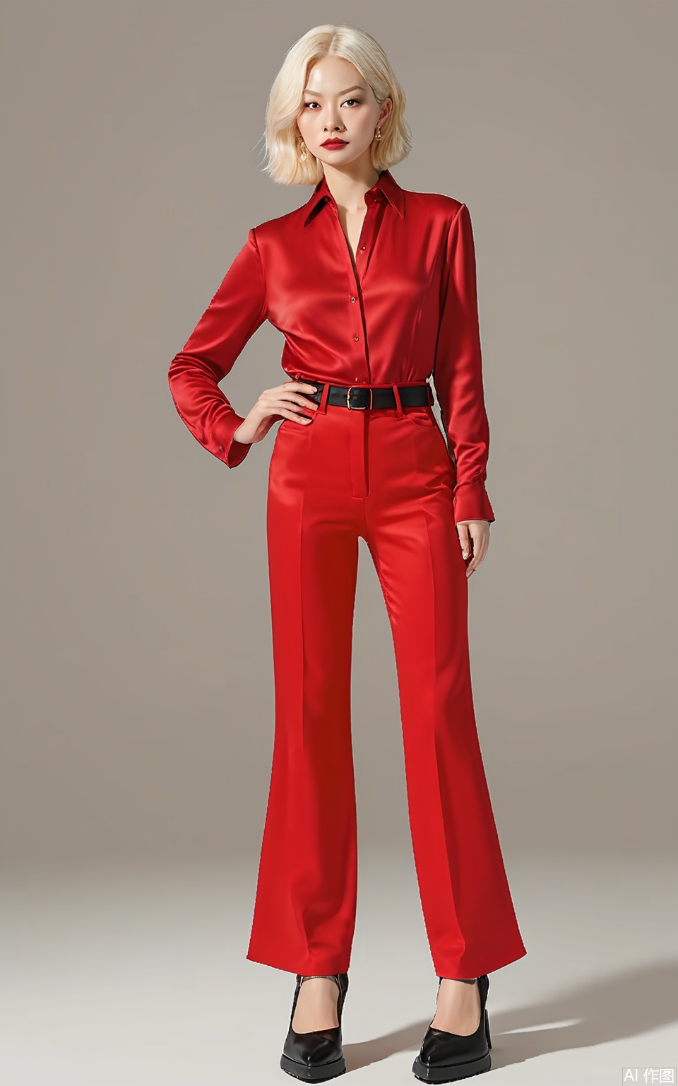 SDMT, Full-body shot of a woman with platinum-blonde hair in a bob, wearing a scarlet-red satin blouse tucked into high-waisted black tailored pants, paired with pointed-toe pumps. She stands confidently against a white background, with sharp studio lighting.