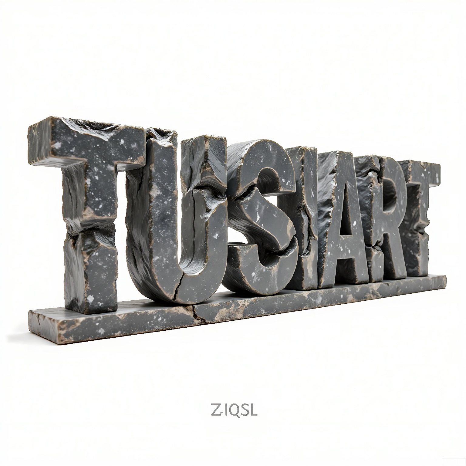 ZRSL, 
A set of photos of the letters "TUSIART" sculpted from gray granite, speckled with silver mica and uneven natural fractures. Soft ambient lighting softens the stone's harshness against a matte white void.
