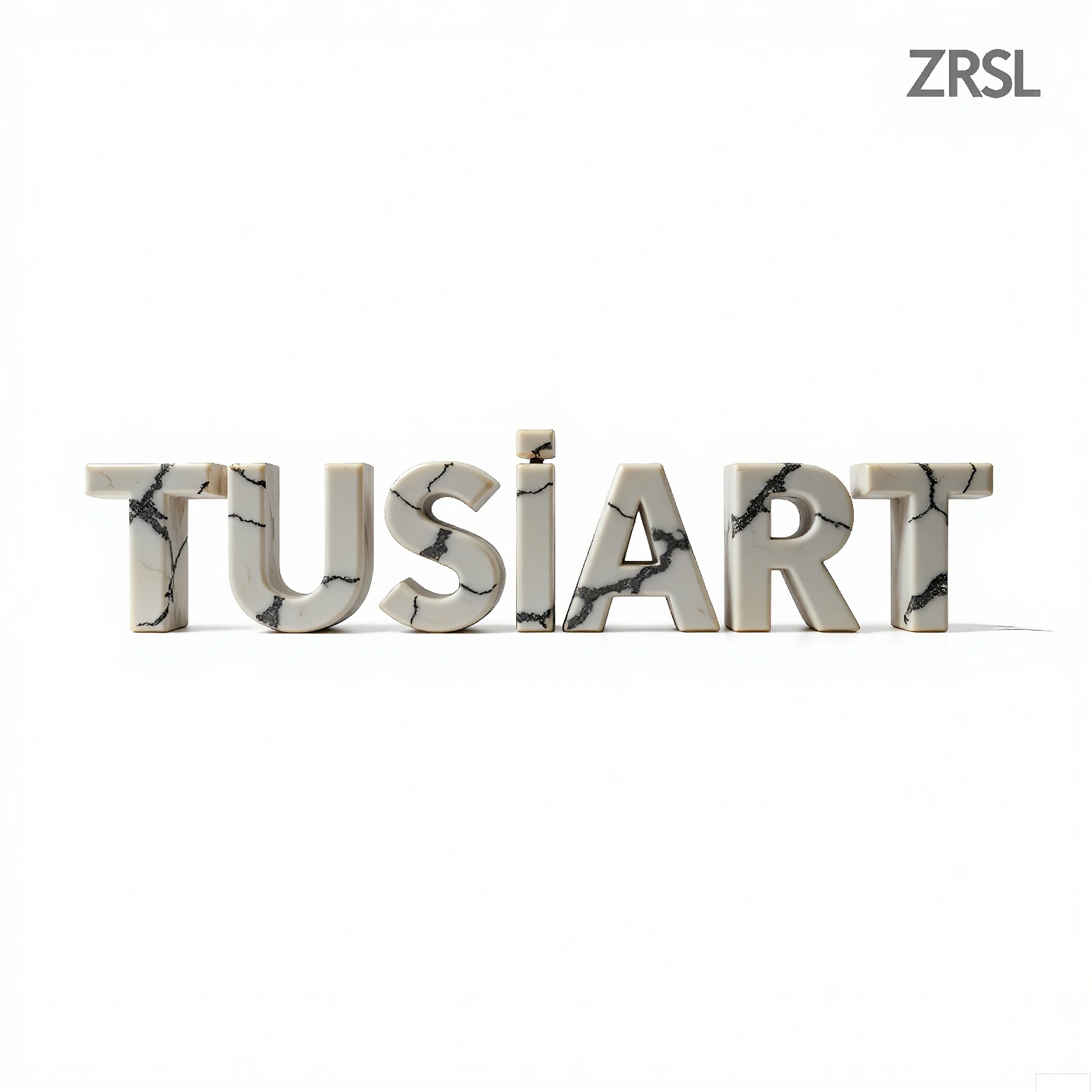 ZRSL, 
A set of photos of the letters "TUSIART" carved from veined white marble, delicate gray veins crisscrossing the ivory surface, illuminated by even studio lighting. The stark white background isolates the stone's sculptural elegance.
