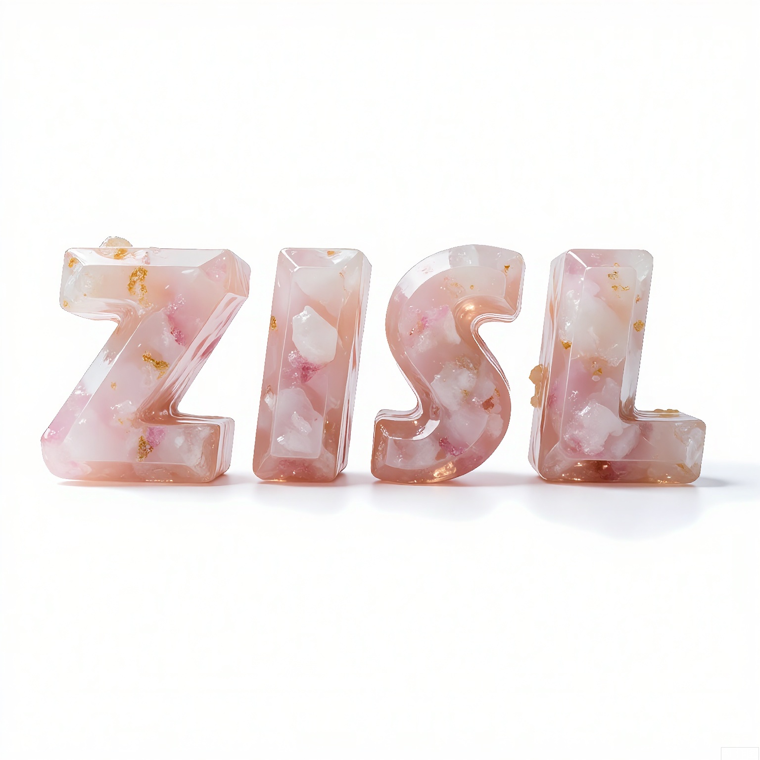 ZRSL, 
A set of photos of the letters "TUSIART" molded from translucent rose quartz, blushed pink hues diffusing soft light through the stones' faceted edges. The plain white backdrop amplifies the material's delicate translucency.

