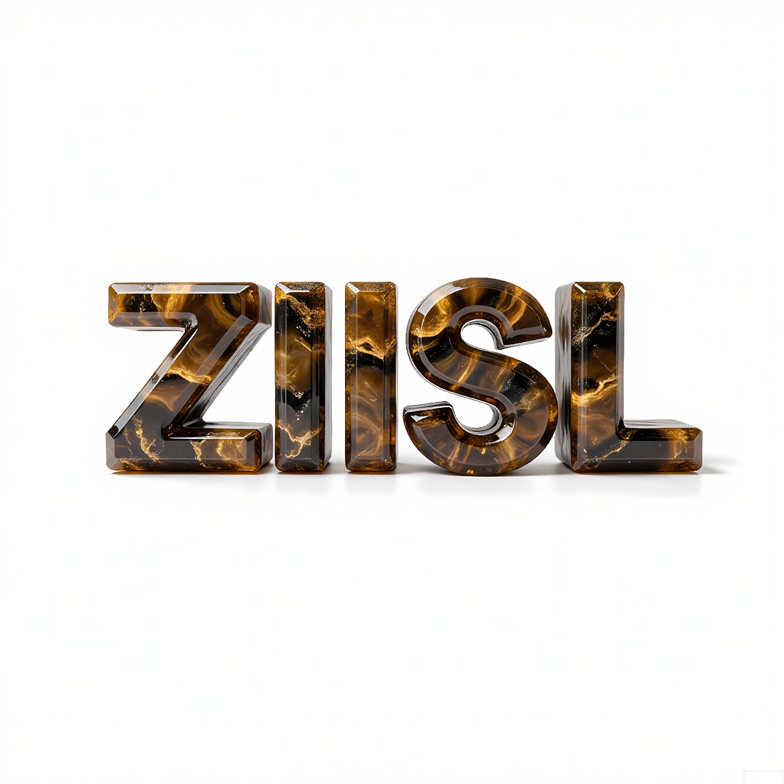 ZRSL, 
A set of photos of the letters "TUSIART" inlaid with tiger’s-eye quartz, golden-brown chatoyant bands shimmering under focused spotlights. The minimalist white stage directs all attention to the stone's silk-like luster.
