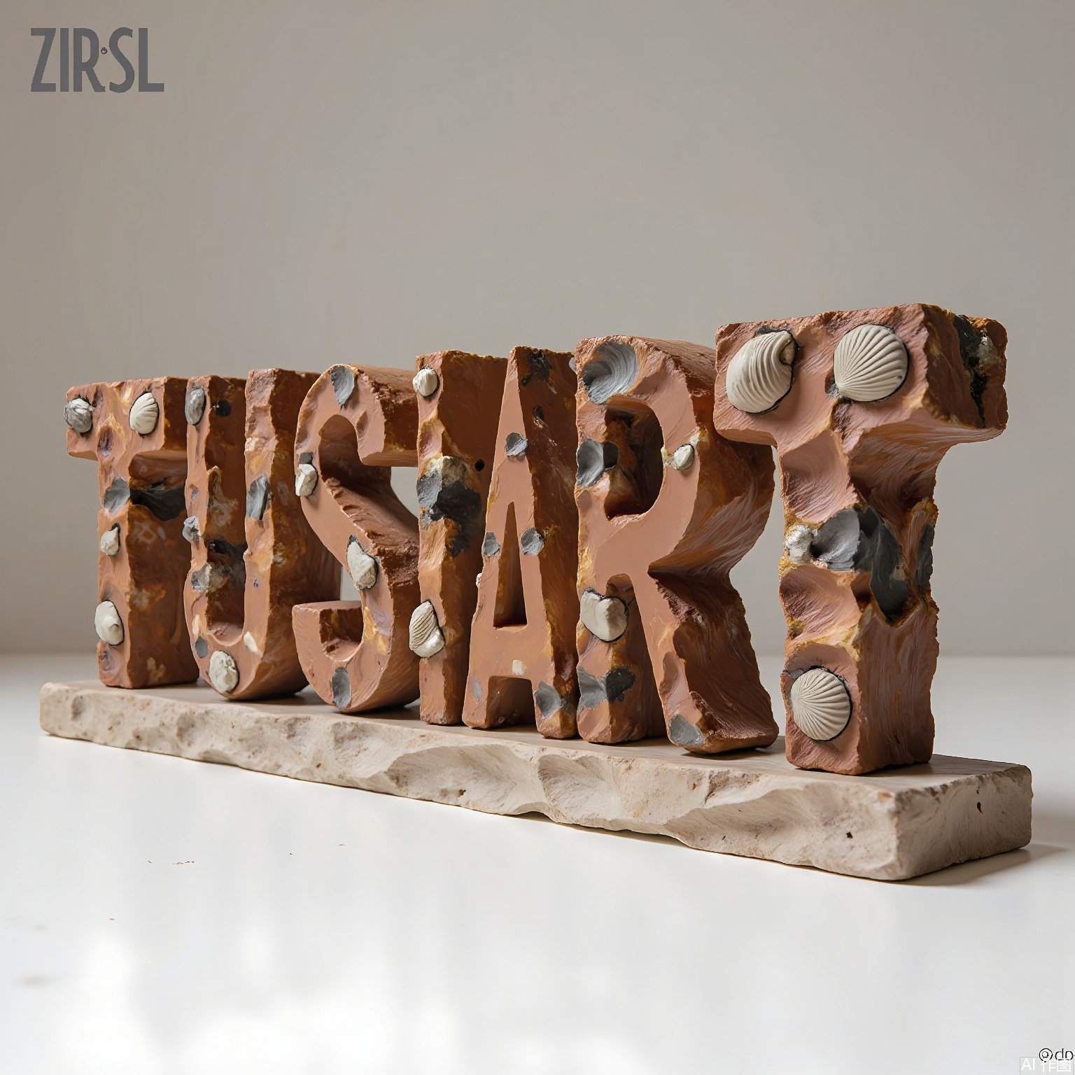 ZRSL, 
A set of photos of the letters "TUSIART" hewn from rusty sandstone, layered cinnamon-brown strata with fossilized shell imprints. Front-lit to emphasize sedimentary textures, resting on a sand-toned white base.
