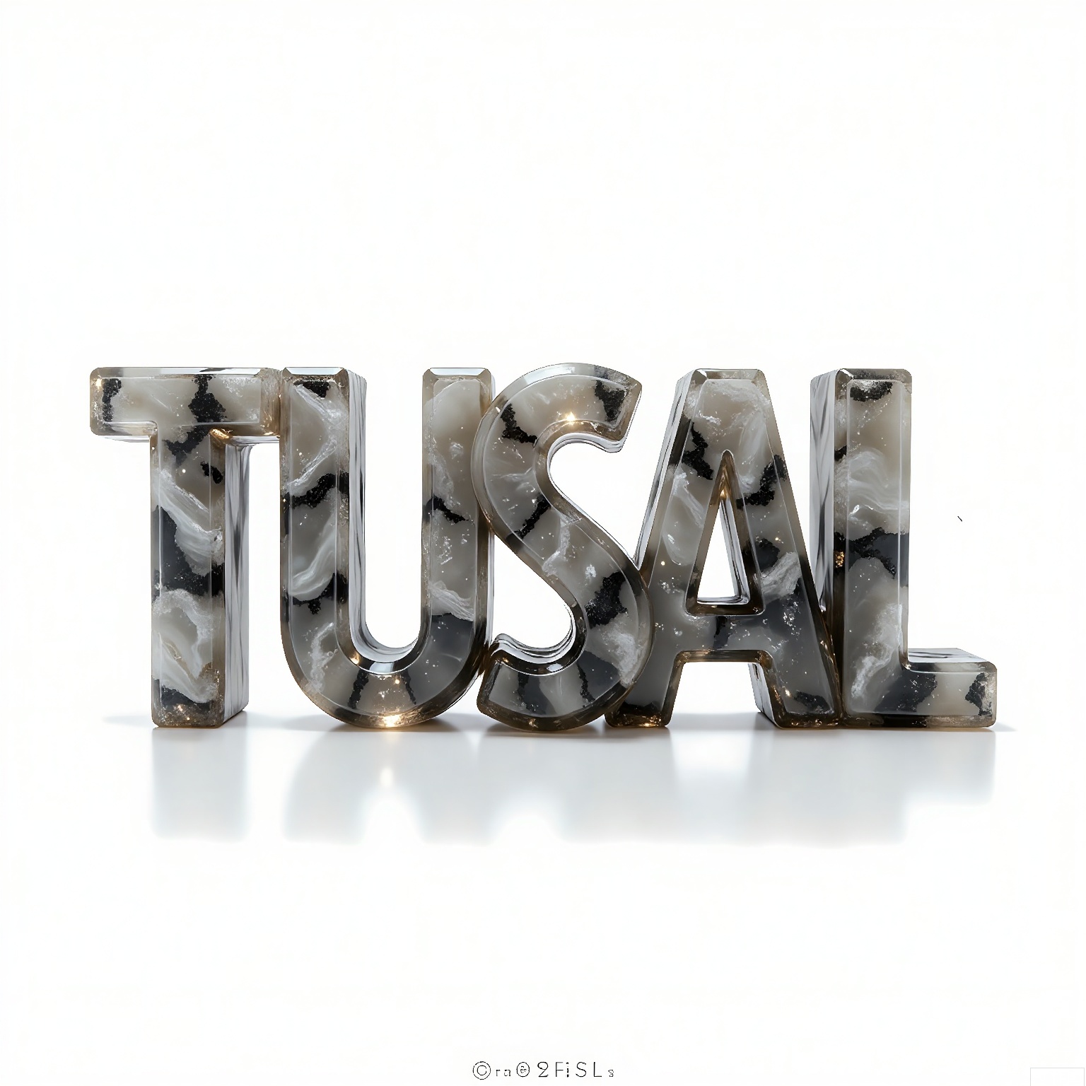 ZRSL, 
A set of photos of the letters "TUSIART" carved from smoky quartz, translucent gray tones with wispy white veils. Diffused lighting creates a misty halo effect around the letters on a sterile white field.

