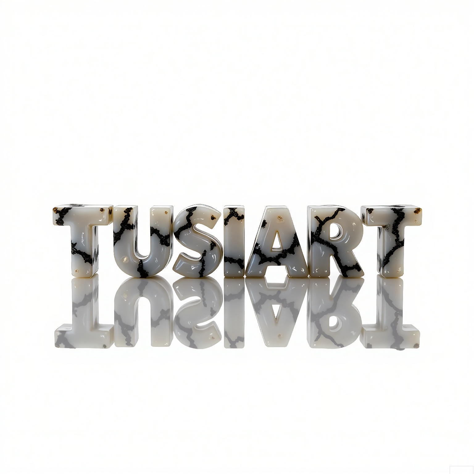 ZRSL, 
A set of photos of the letters "TUSIART" formed in dendritic agate, translucent milk-white chalcedony with black fern-like inclusions. Backlighting projects delicate shadows onto a crisp white background.
