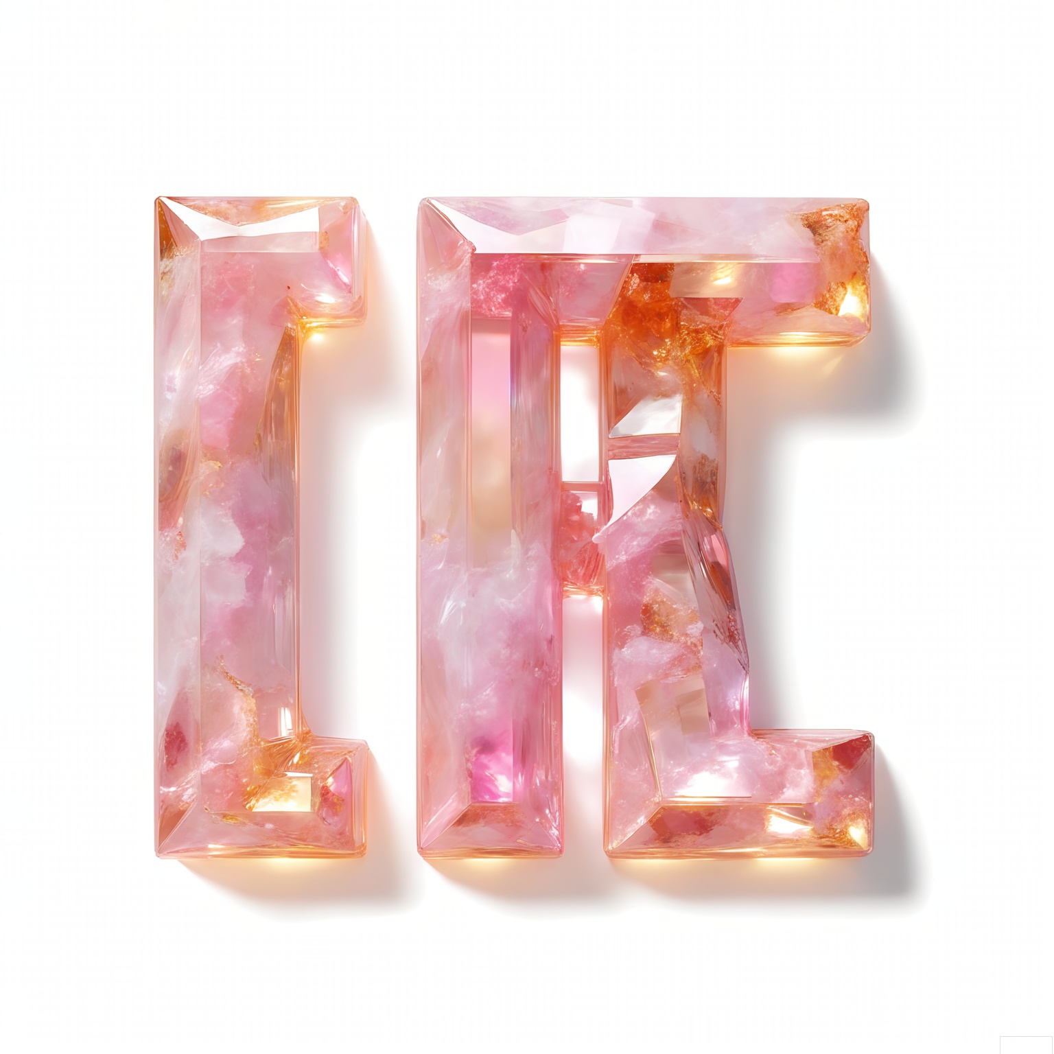 ZRSL, A set of photos of the letters "TUSIART" molded from translucent rose quartz, blushed pink hues diffusing soft light through the stones' faceted edges. The plain white backdrop amplifies the material's delicate translucency.

