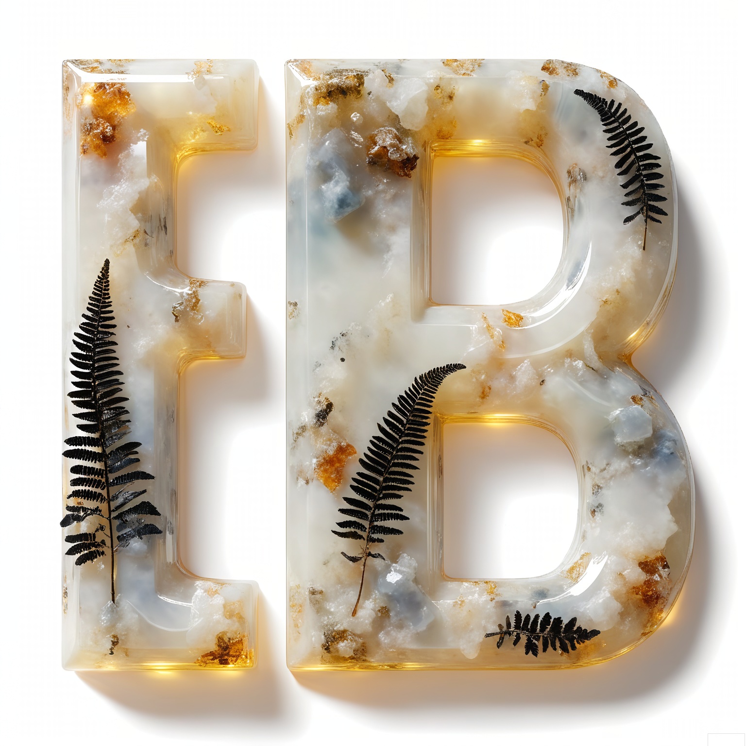 ZRSL, A set of photos of the letters "TUSIART" formed in dendritic agate, translucent milk-white chalcedony with black fern-like inclusions. Backlighting projects delicate shadows onto a crisp white background.

