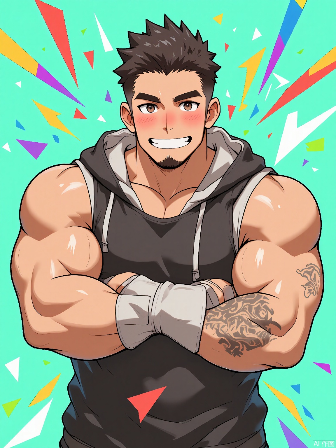 MN, Anime-style drawing of a beefy guy with a mohawk and stubble, clad in a sleeveless hoodie and fingerless gloves. His crossed arms showcase tattoos, while confetti cannons blast rainbow sparkles around his grinning face on a mint-green backdrop.
