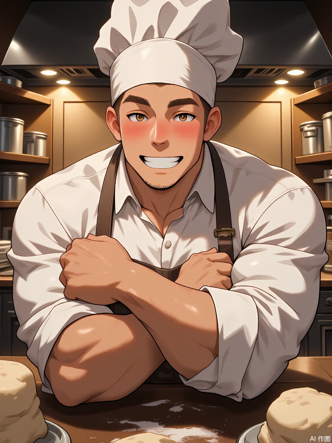 MN, Anime-style drawing of a muscular baker with flour-dusted cheeks, wearing a chef’s hat and rolled-up sleeves. Dough explodes from his fists as he laughs, with a warm oven-lit kitchen backdrop.
