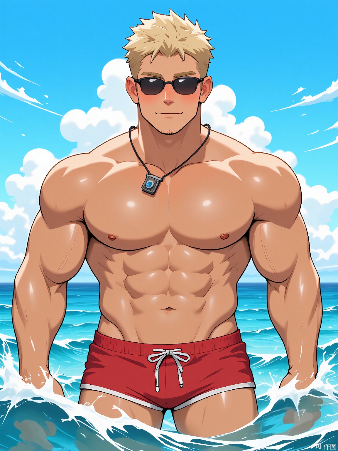 MN, Anime-style drawing of a hunky lifeguard with sun-bleached hair, wearing a red trunks and a whistle around his neck. Ocean waves crash behind him as he shades his eyes, with a minimalist azure sky backdrop.
