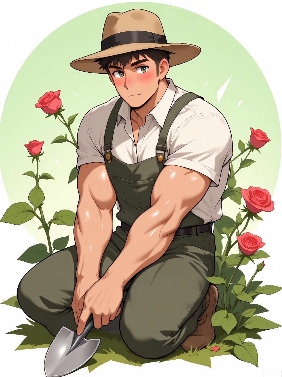 MN, Anime-style drawing of a chiseled gardener with a straw hat, wearing overalls rolled to his knees. Roses bloom in his wake as he flexes a trowel, with a soft green gradient background.
