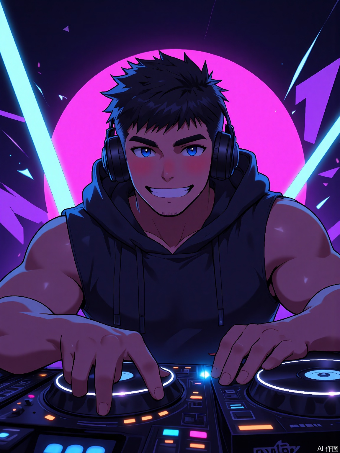 MN, Anime-style drawing of a beefy DJ with headphones, spinning records in a sleeveless neon hoodie. Laser lights pulse around his smirking face, with a gradient black-to-purple club backdrop.

