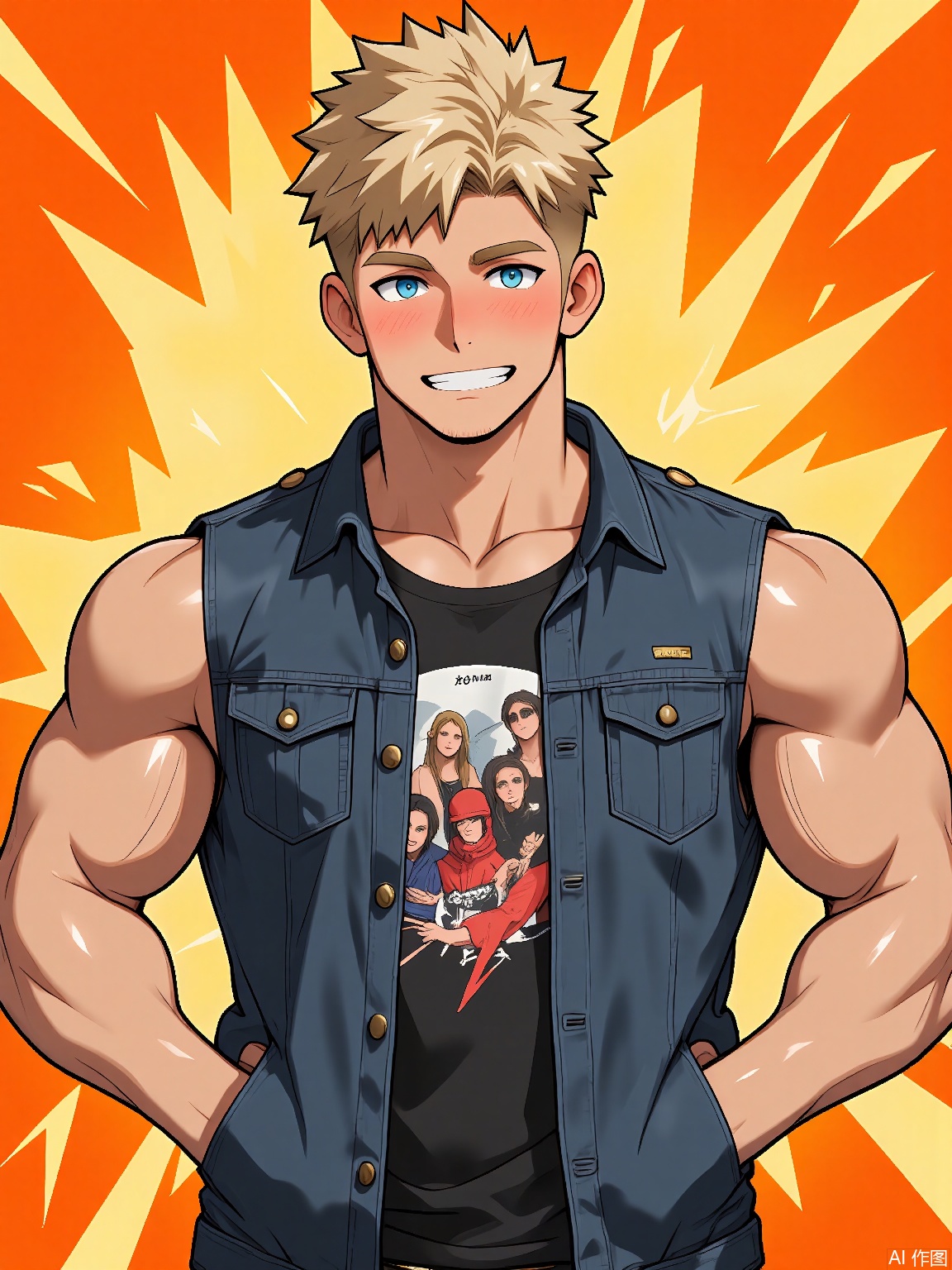 MN, Anime-style drawing of a ripped dude with bleached-blond undercut hair and a smirk, wearing a sleeveless denim vest over a graphic band tee. Sweat glistens on his collarbone, with golden starbursts exploding behind him on a gradient orange background.
