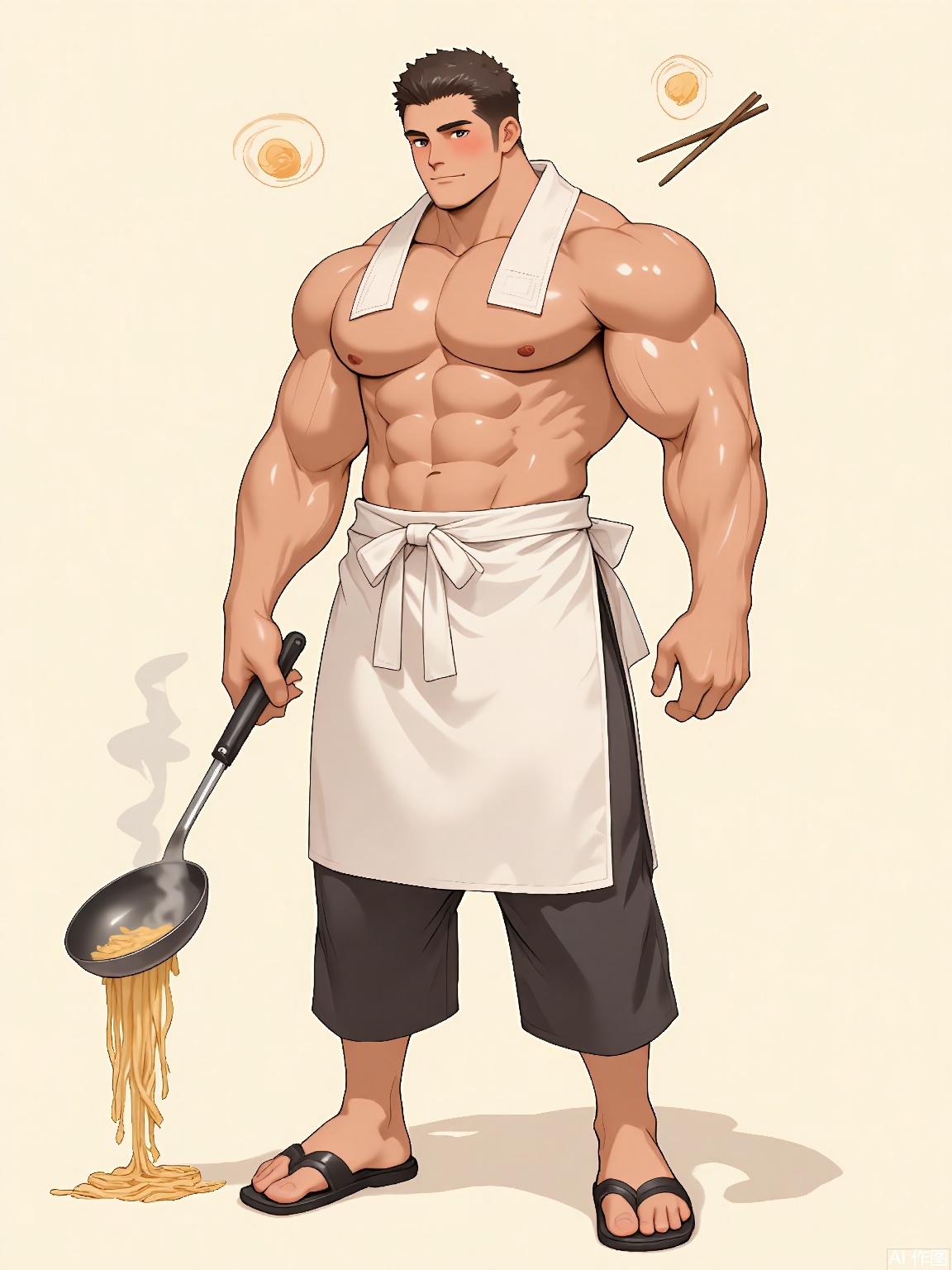 MN, Anime-style drawing of a muscular chef with a towel over his shoulder, wearing a crisp white apron tied around his waist. Steam curls from a frying pan in his hand, with floating udon noodles and chopsticks orbiting his head on a plain beige stage.
