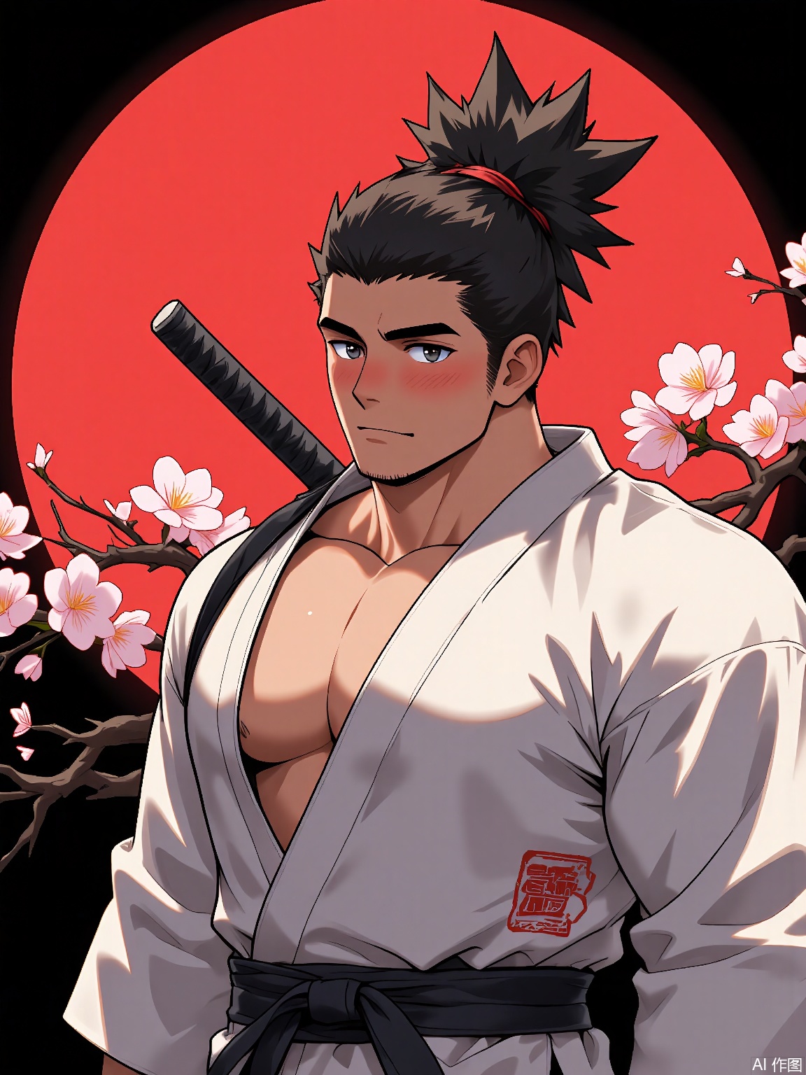 MN, Anime-style drawing of a buff samurai with a topknot and katana, wearing a torn white gi tied with a black obi. Cherry blossoms swirl around his determined face, with a blood-moon gradient background.

