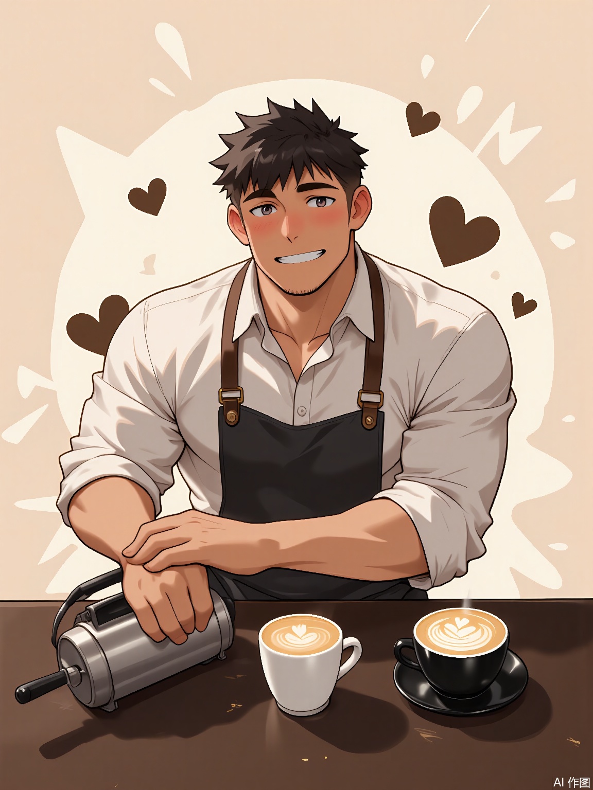 MN, Anime-style drawing of a broad-shouldered barista with a headset, pulling an espresso shot in a snug apron. Latte art hearts float above the counter as he winks, with a minimalist coffee-bean pattern backdrop.
