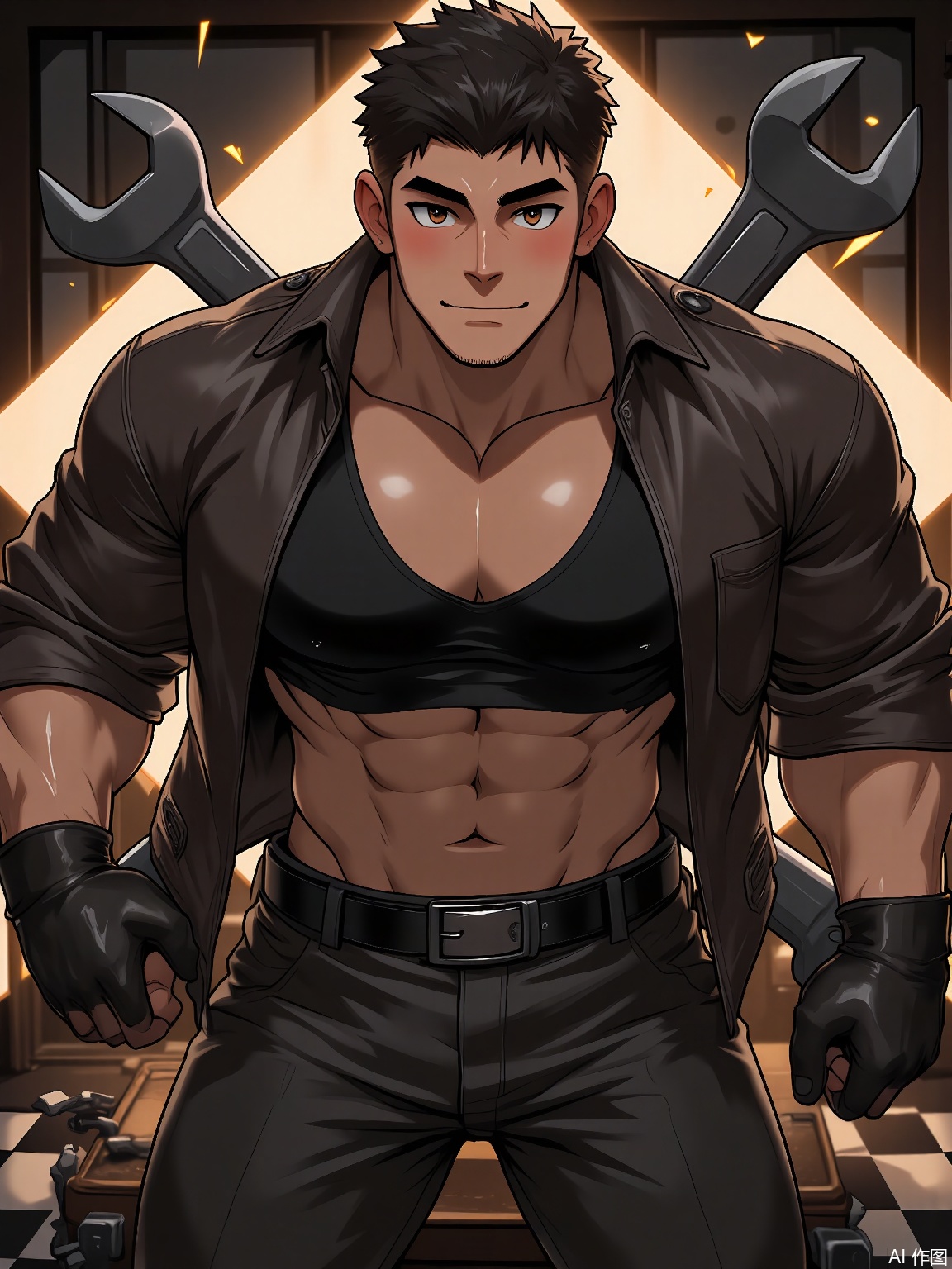 MN, Anime-style drawing of a chiseled mechanic with grease-stained gloves, wearing a cropped leather jacket over a wifebeater. Wrench sparks fly behind him as he flexes an oil-smudged arm, with a checkerboard floor reflecting the action.
