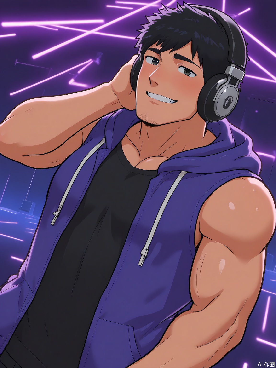 MN, Anime-style drawing of a beefy DJ with headphones, spinning records in a sleeveless neon hoodie. Laser lights pulse around his smirking face, with a gradient black-to-purple club backdrop.
