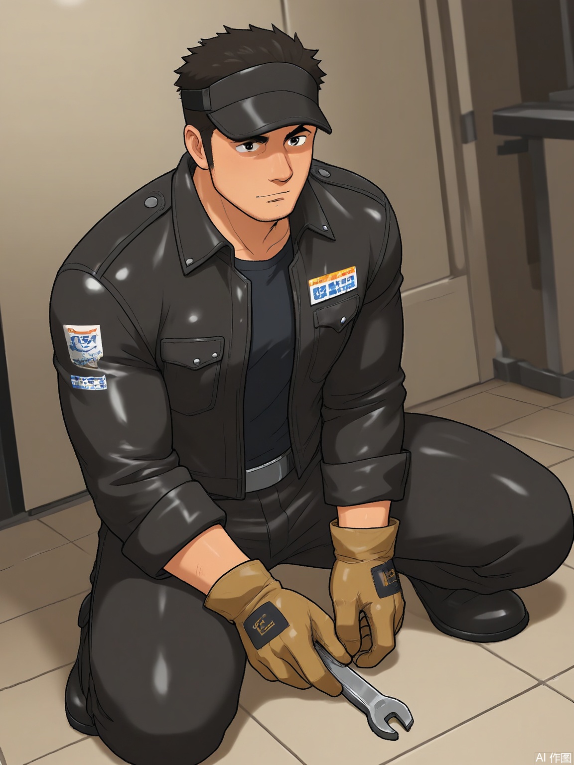 MN, Anime-style drawing of a chiseled mechanic with grease-stained gloves, wearing a cropped leather jacket over a wifebeater. Wrench sparks fly behind him as he flexes an oil-smudged arm, with a checkerboard floor reflecting the action.
