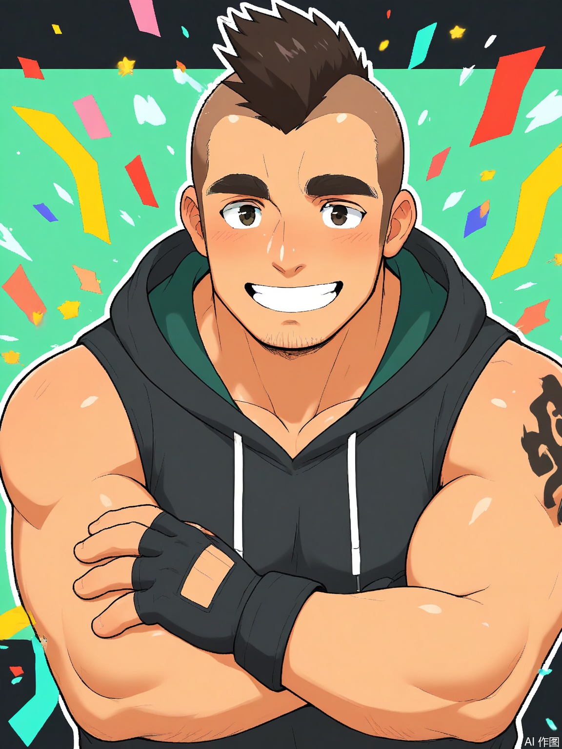 MN, Anime-style drawing of a beefy guy with a mohawk and stubble, clad in a sleeveless hoodie and fingerless gloves. His crossed arms showcase tattoos, while confetti cannons blast rainbow sparkles around his grinning face on a mint-green backdrop.
