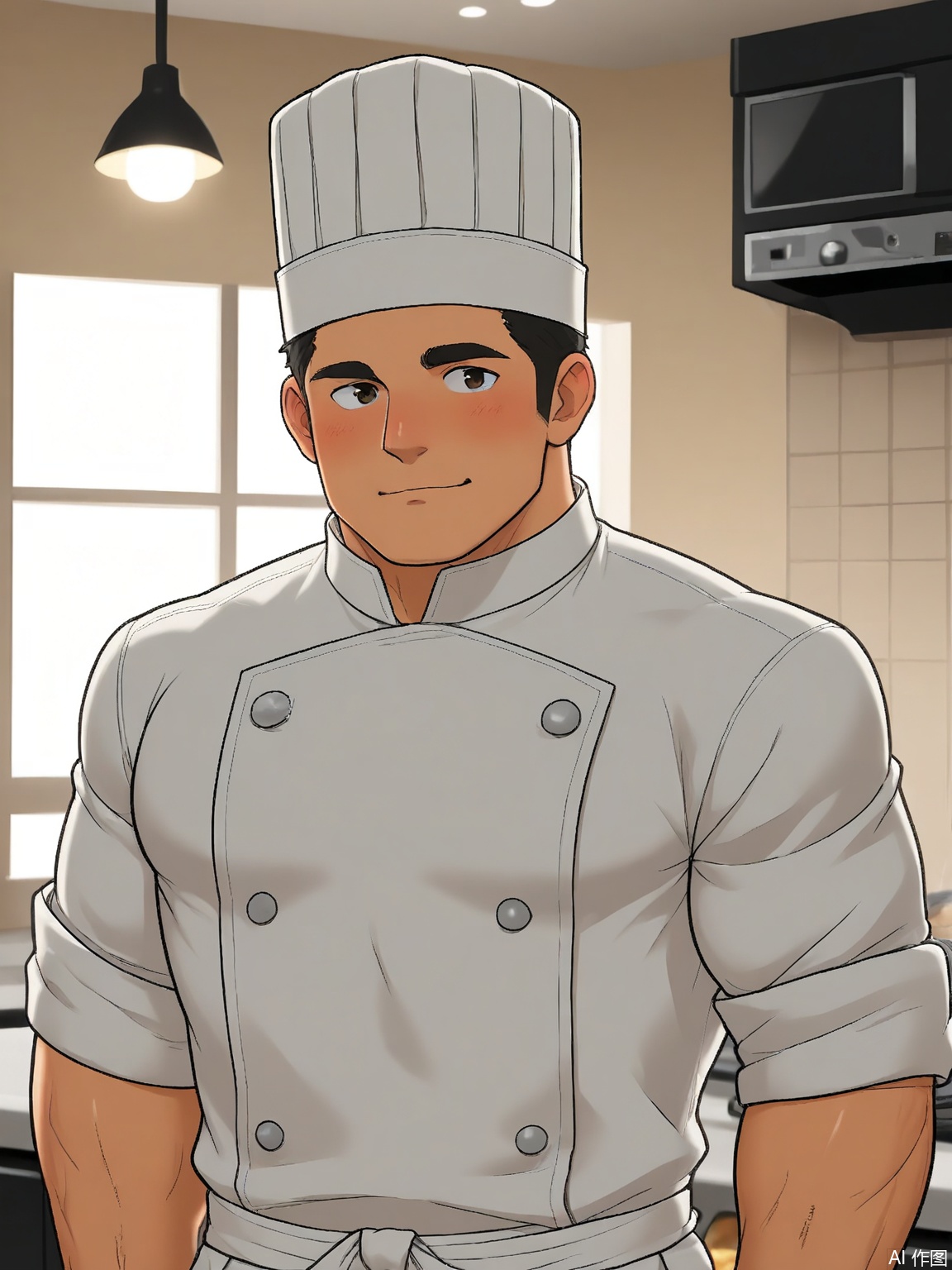 MN, Anime-style drawing of a muscular baker with flour-dusted cheeks, wearing a chef’s hat and rolled-up sleeves. Dough explodes from his fists as he laughs, with a warm oven-lit kitchen backdrop.
