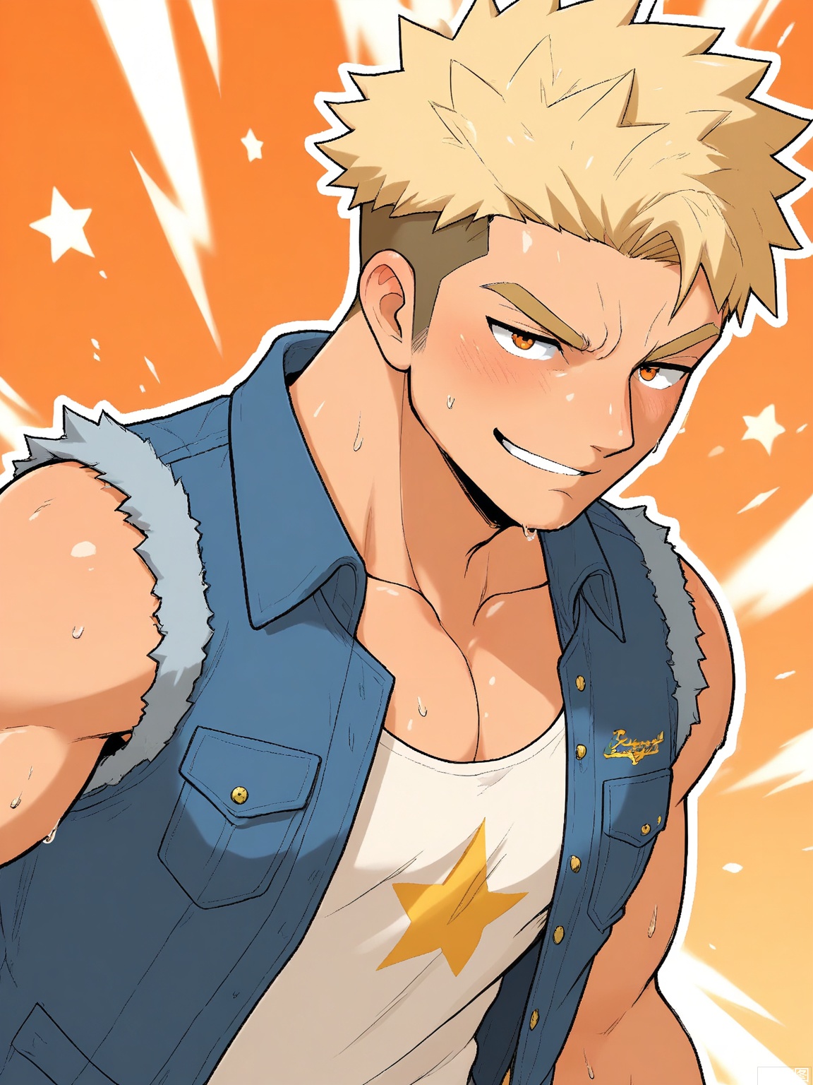 MN, Anime-style drawing of a ripped dude with bleached-blond undercut hair and a smirk, wearing a sleeveless denim vest over a graphic band tee. Sweat glistens on his collarbone, with golden starbursts exploding behind him on a gradient orange background.
