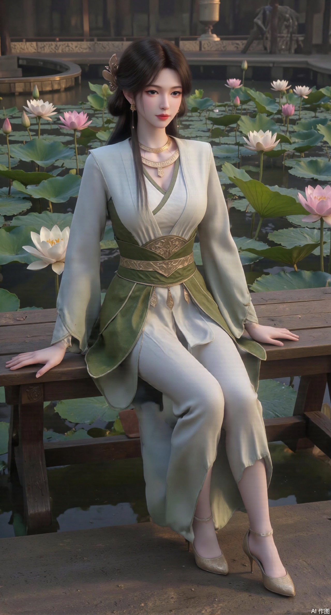 (masterpiece:1.2),best quality,The image is a digital illustration of a young woman sitting on a wooden bench in a pond with lily pads. She is wearing a long dress with design on the chest and sleeves. The dress has a high neckline and short sleeves,Holding a lotus in hand. She has long dark hair styled in loose waves and is wearing gold high heels. The woman is posing with one hand on her hip and the other resting on the edge of the bench. The background is filled with pink and white lotus flowers and green leaves. The overall mood of the image is peaceful and serene,(huge breasts:2.99),(full breasts:2.99),(Background with traditional Chinese architecture, lotus pond and pink lotus flowers:1.39),XyunyunXY,Xmeining,Xjiangziyue,Xweinina,Xyunxiao,Xxiaoqingxue