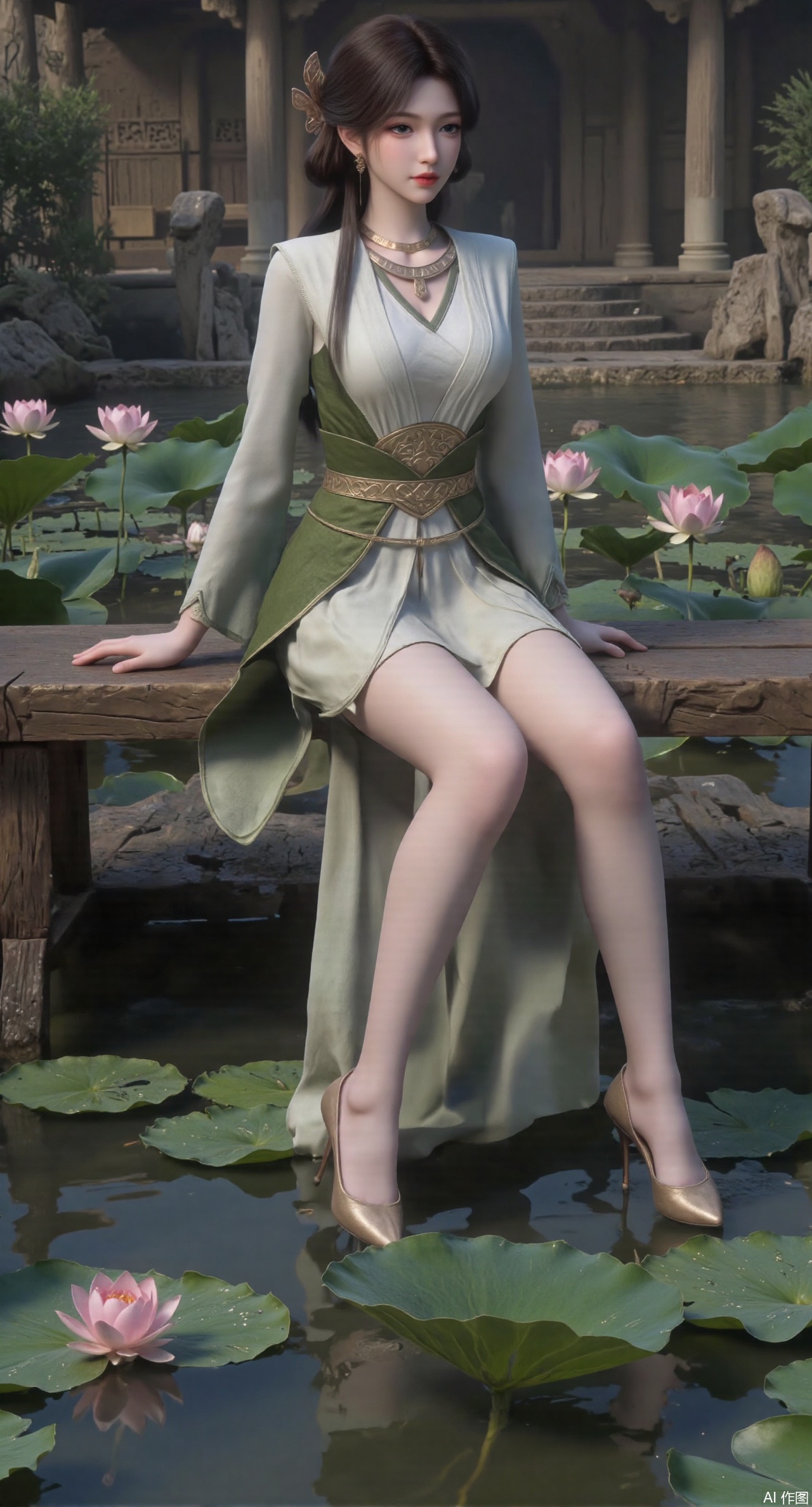 (masterpiece:1.2),best quality,The image is a digital illustration of a young woman sitting on a wooden bench in a pond with lily pads. She is wearing a long dress with design on the chest and sleeves. The dress has a high neckline and short sleeves,Holding a lotus in hand. She has long dark hair styled in loose waves and is wearing gold high heels. The woman is posing with one hand on her hip and the other resting on the edge of the bench. The background is filled with pink and white lotus flowers and green leaves. The overall mood of the image is peaceful and serene,(huge breasts:2.99),(full breasts:2.99),(Background with traditional Chinese architecture, lotus pond and pink lotus flowers:1.39),XyunyunXY,Xmeining,Xjiangziyue,Xweinina,Xyunxiao,Xxiaoqingxue