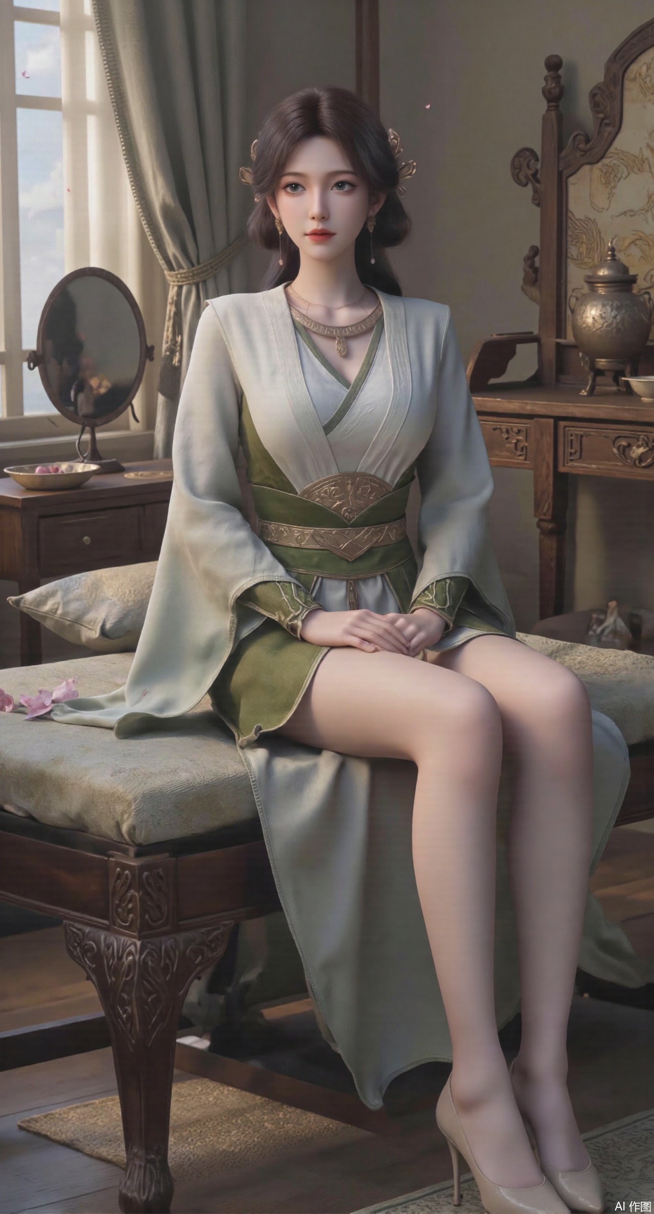  (masterpiece, best quality:1.2),Ancient Chinese boudoir scene, Hanfu dress ,sitting sideways on an intricately carved wooden bed, soft natural light filtering through sheer silk curtains, satin bedding with delicate sheen, detailed traditional Chinese Gongbi painting style, subtle celadon color palette, background featuring vintage dressing table and embroidered screen, falling plum blossom petals near window and wispy smoke from bronze incense burner, 8K resolution with intricate fabric draping and wood grain textures,,(huge breasts:2.99),(full breasts:2.99),,XyunyunXY,Xmeining,Xjiangziyue,Xweinina,Xyunxiao